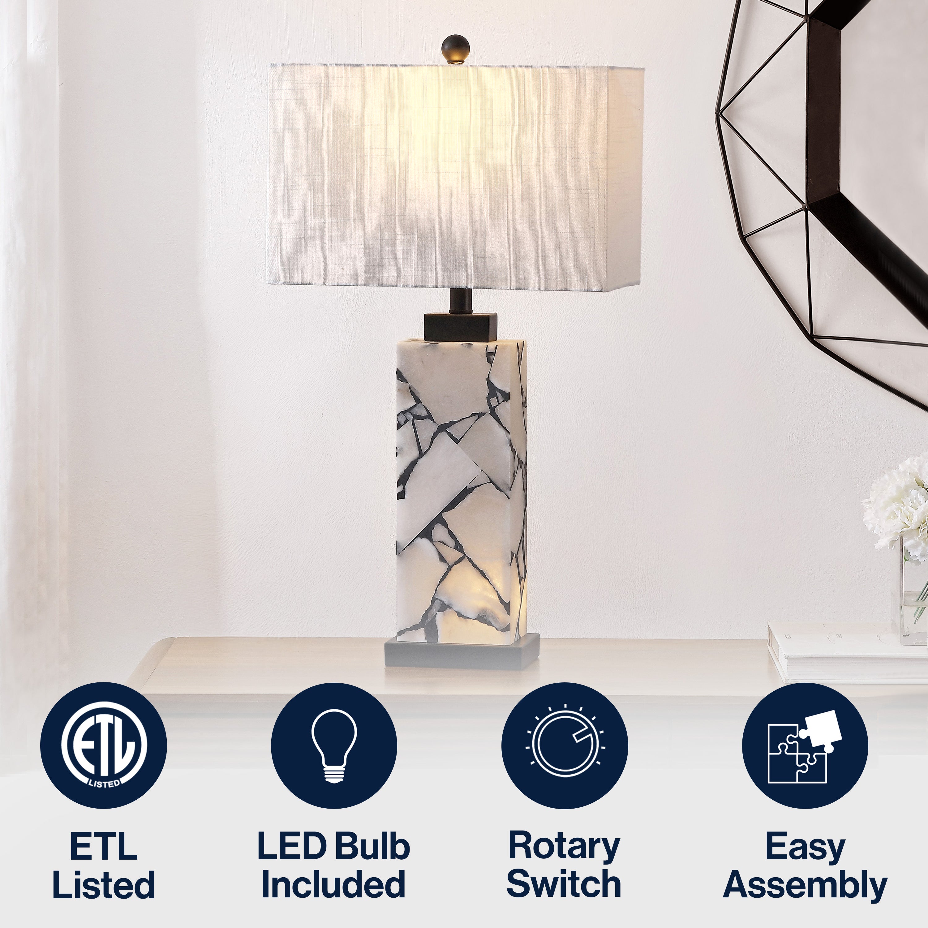 Elizabeth Contemporary Coastal Rectangular Alabaster Mosaic LED Table Lamp with Nightlight Base