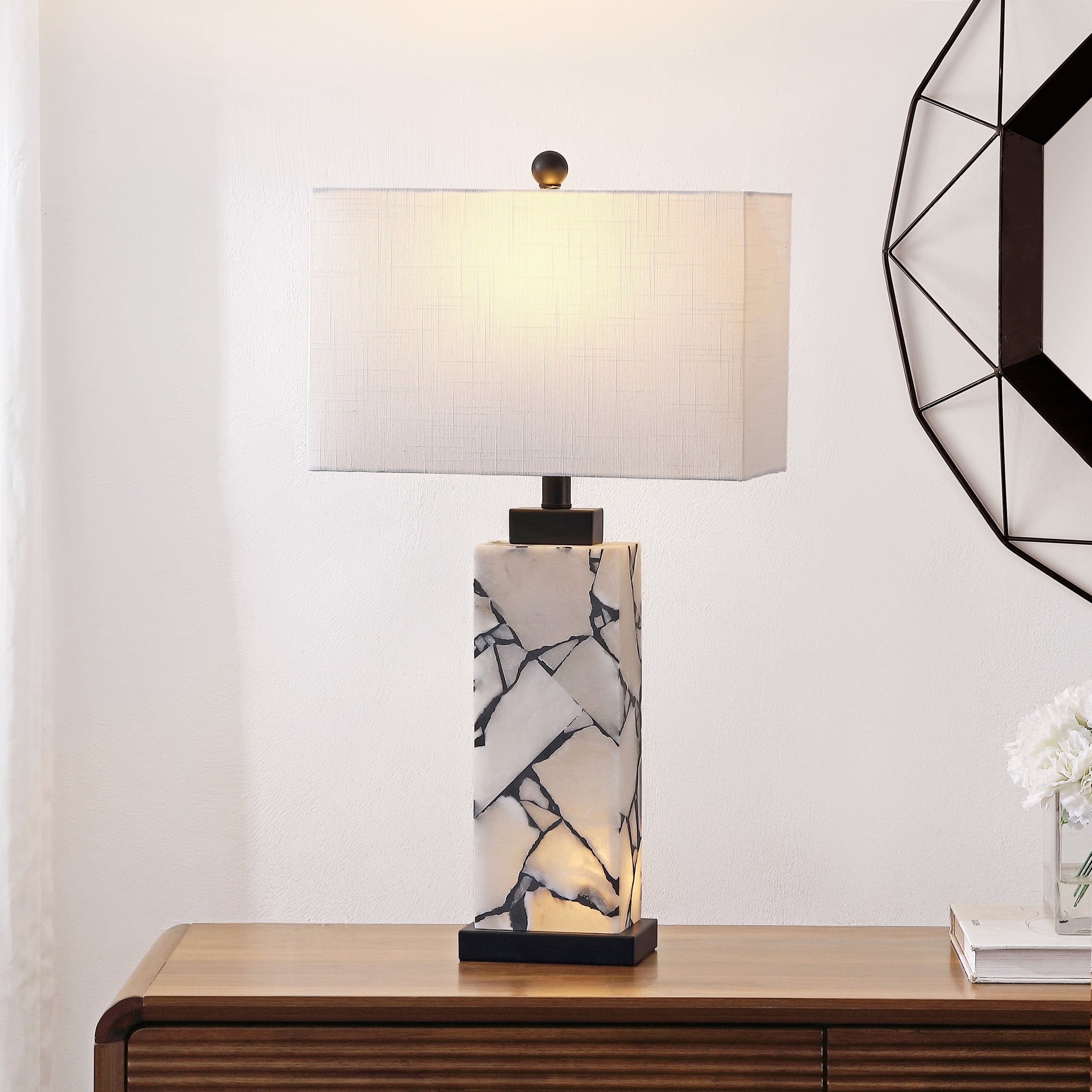 Elizabeth Contemporary Coastal Rectangular Alabaster Mosaic LED Table Lamp with Nightlight Base