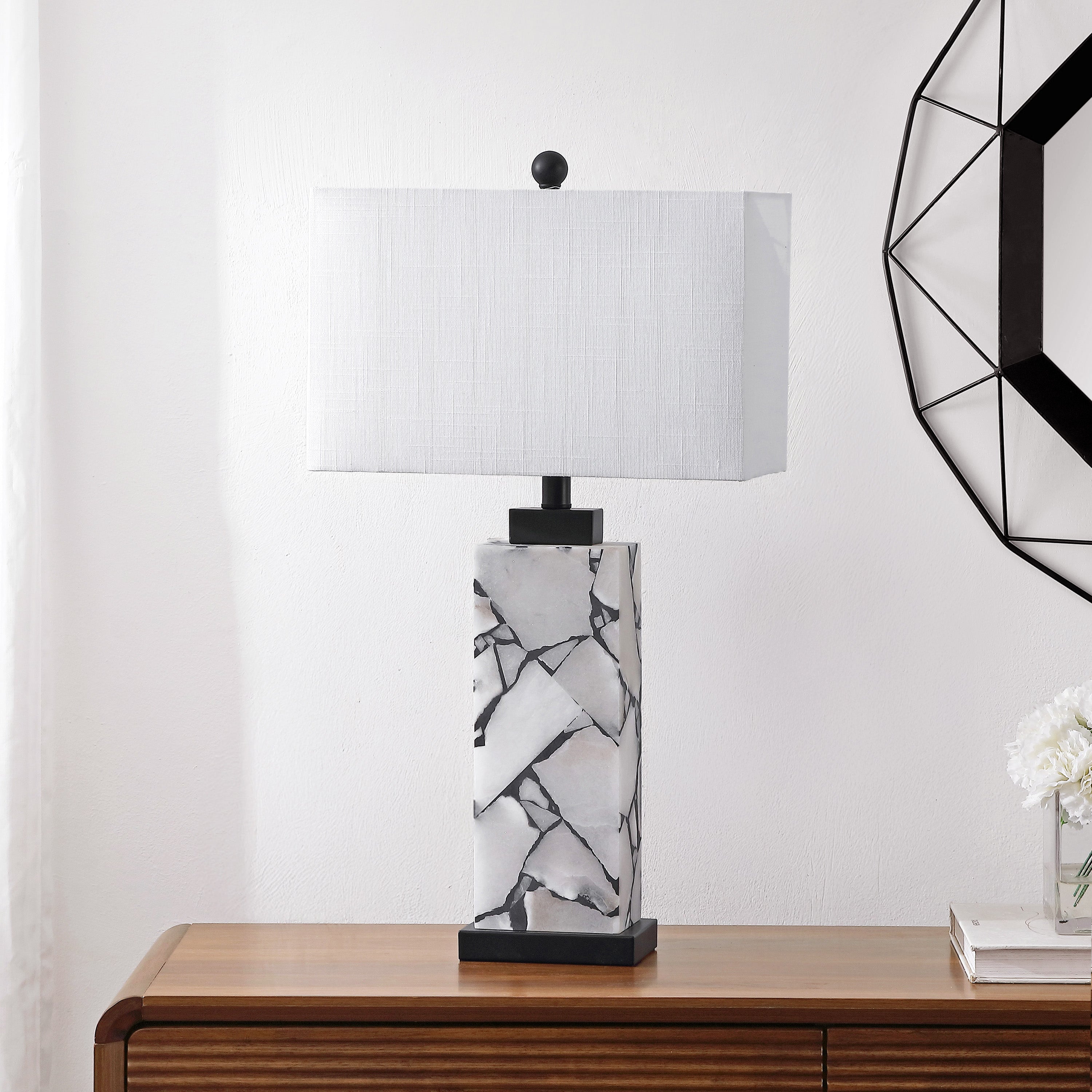 Elizabeth Contemporary Coastal Rectangular Alabaster Mosaic LED Table Lamp with Nightlight Base
