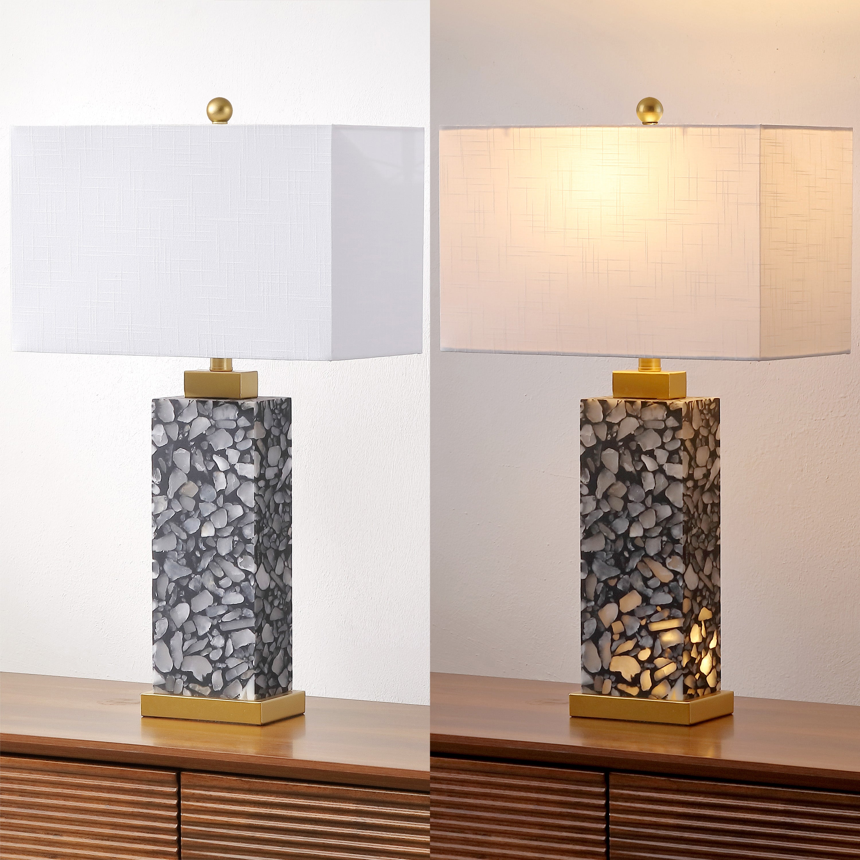 Elizabeth Contemporary Coastal Rectangular Alabaster Terrazzo LED Table Lamp with Nightlight Base