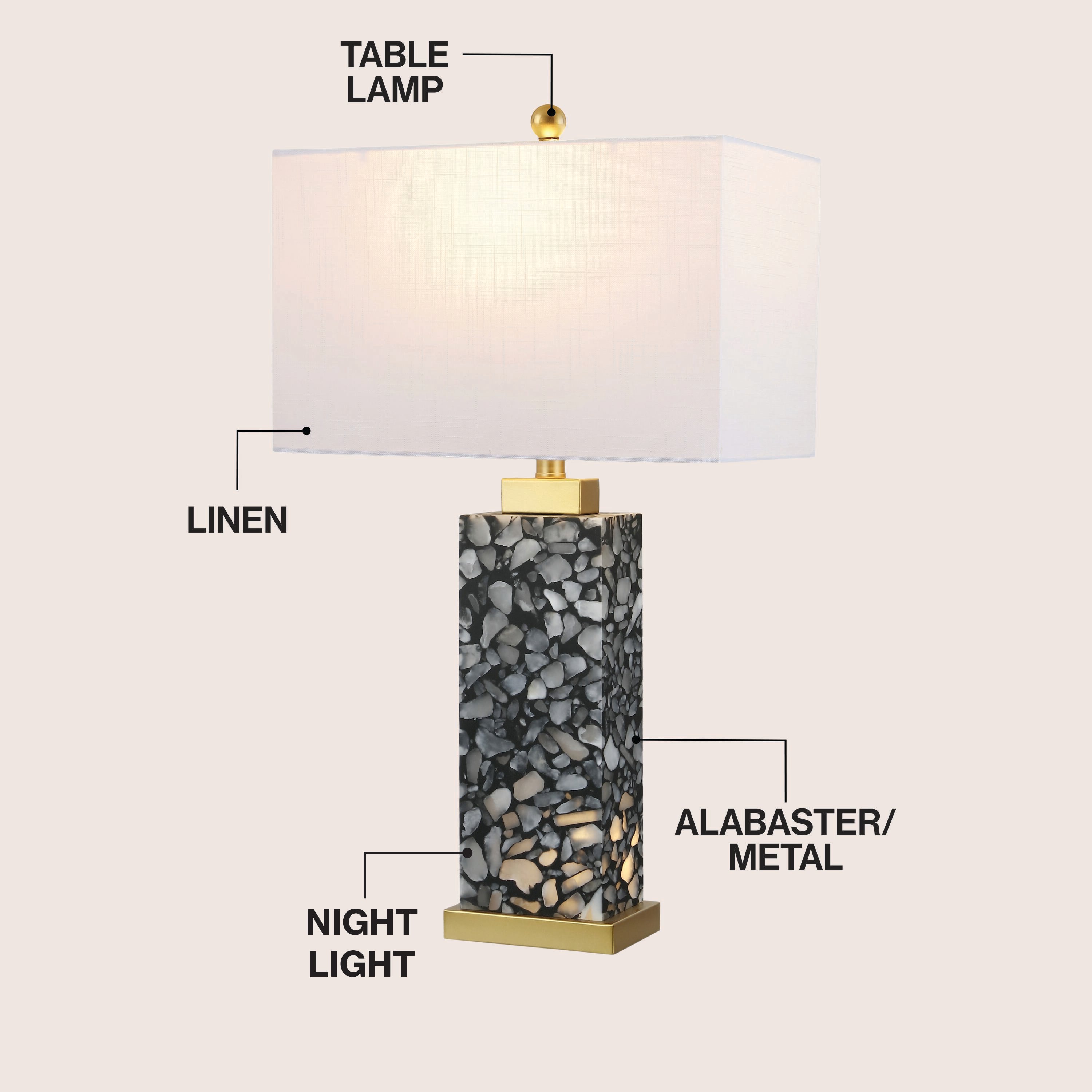 Elizabeth Contemporary Coastal Rectangular Alabaster Terrazzo LED Table Lamp with Nightlight Base