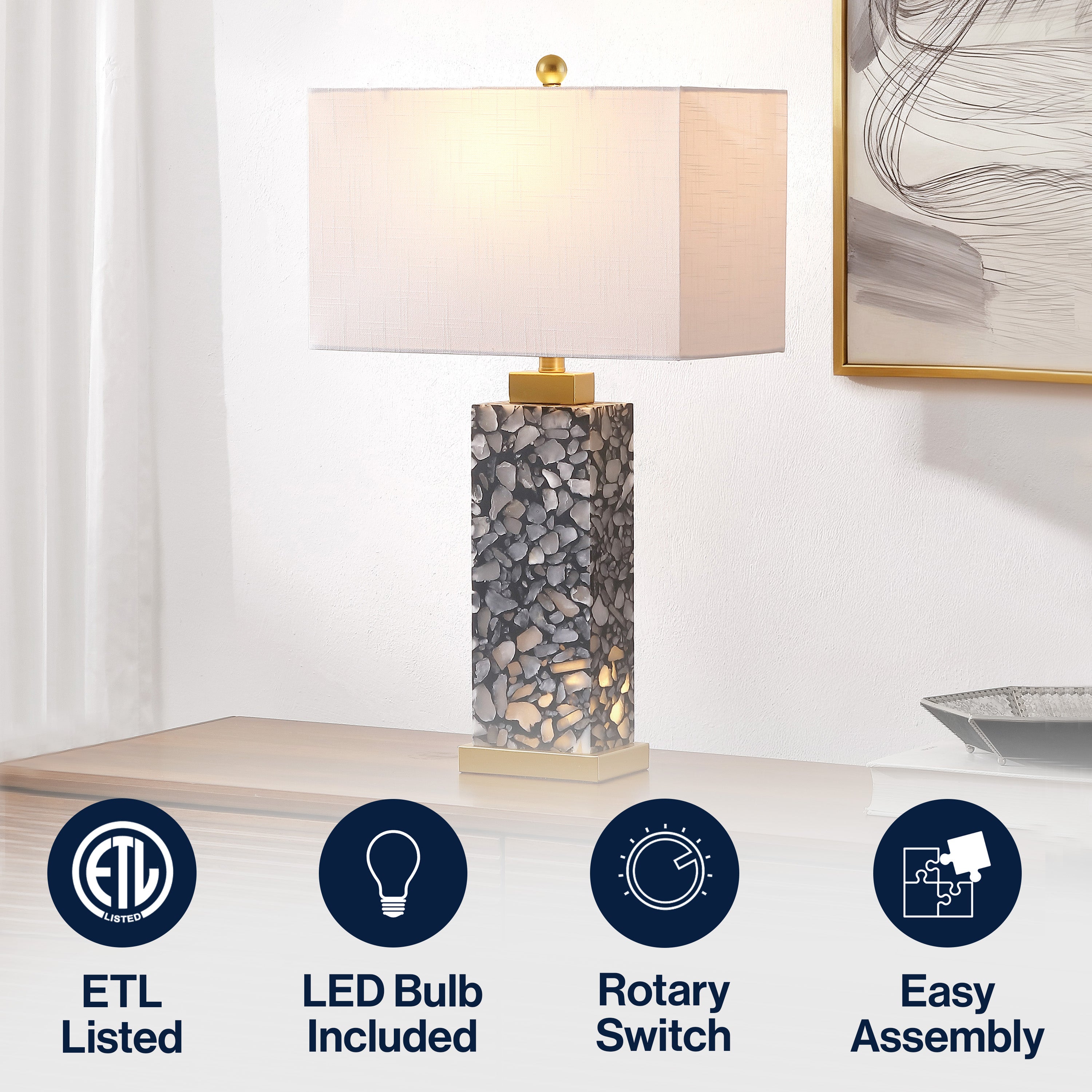 Elizabeth Contemporary Coastal Rectangular Alabaster Terrazzo LED Table Lamp with Nightlight Base
