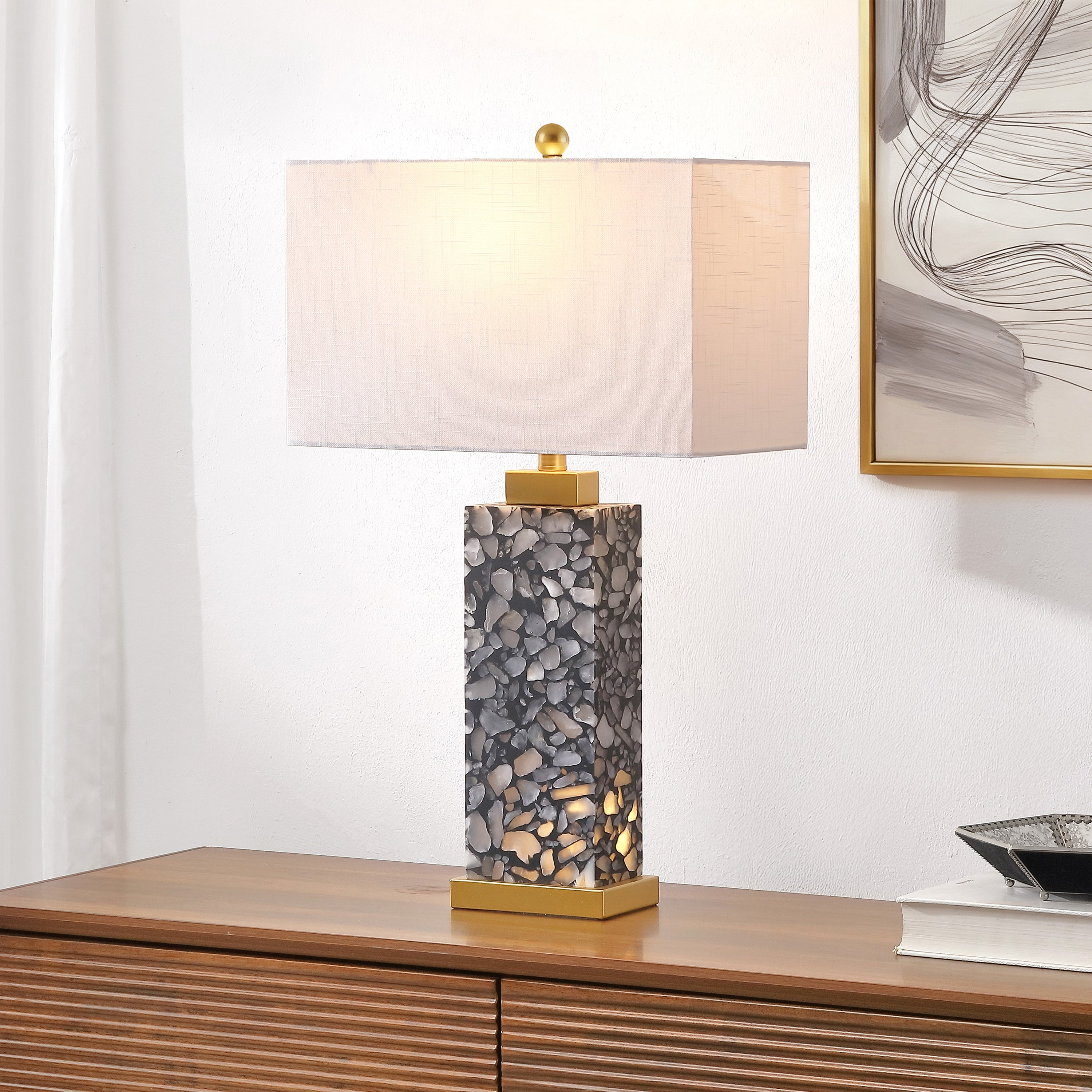 Elizabeth Contemporary Coastal Rectangular Alabaster Terrazzo LED Table Lamp with Nightlight Base