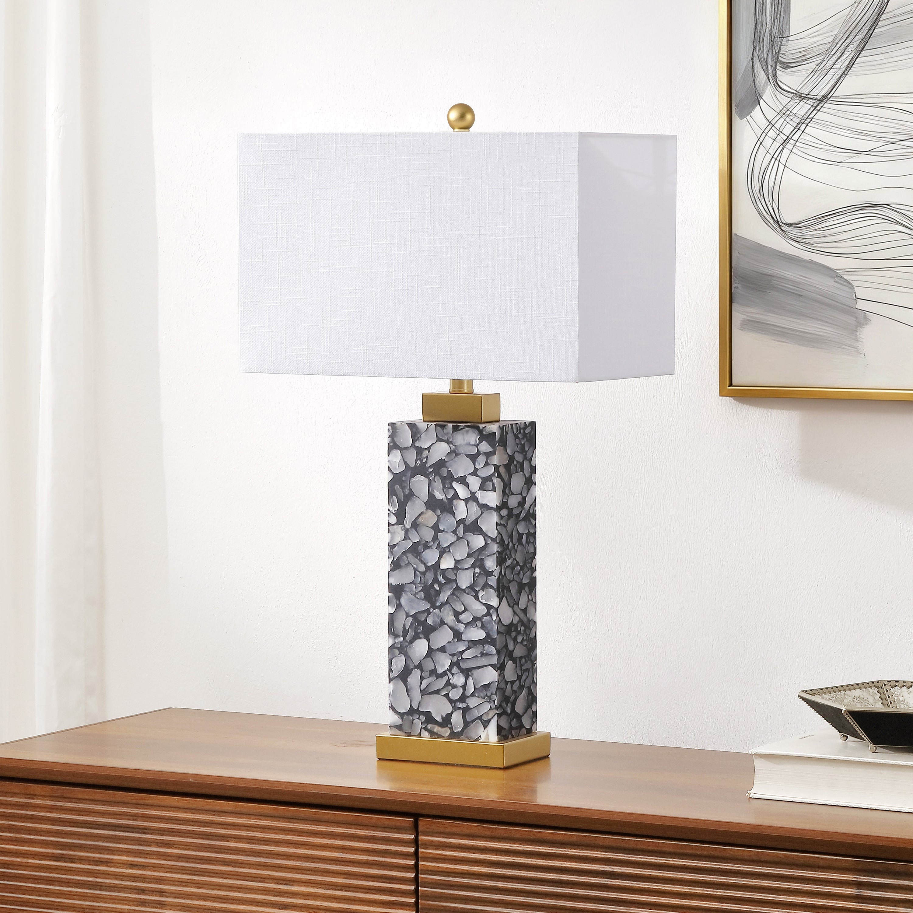 Elizabeth Contemporary Coastal Rectangular Alabaster Terrazzo LED Table Lamp with Nightlight Base