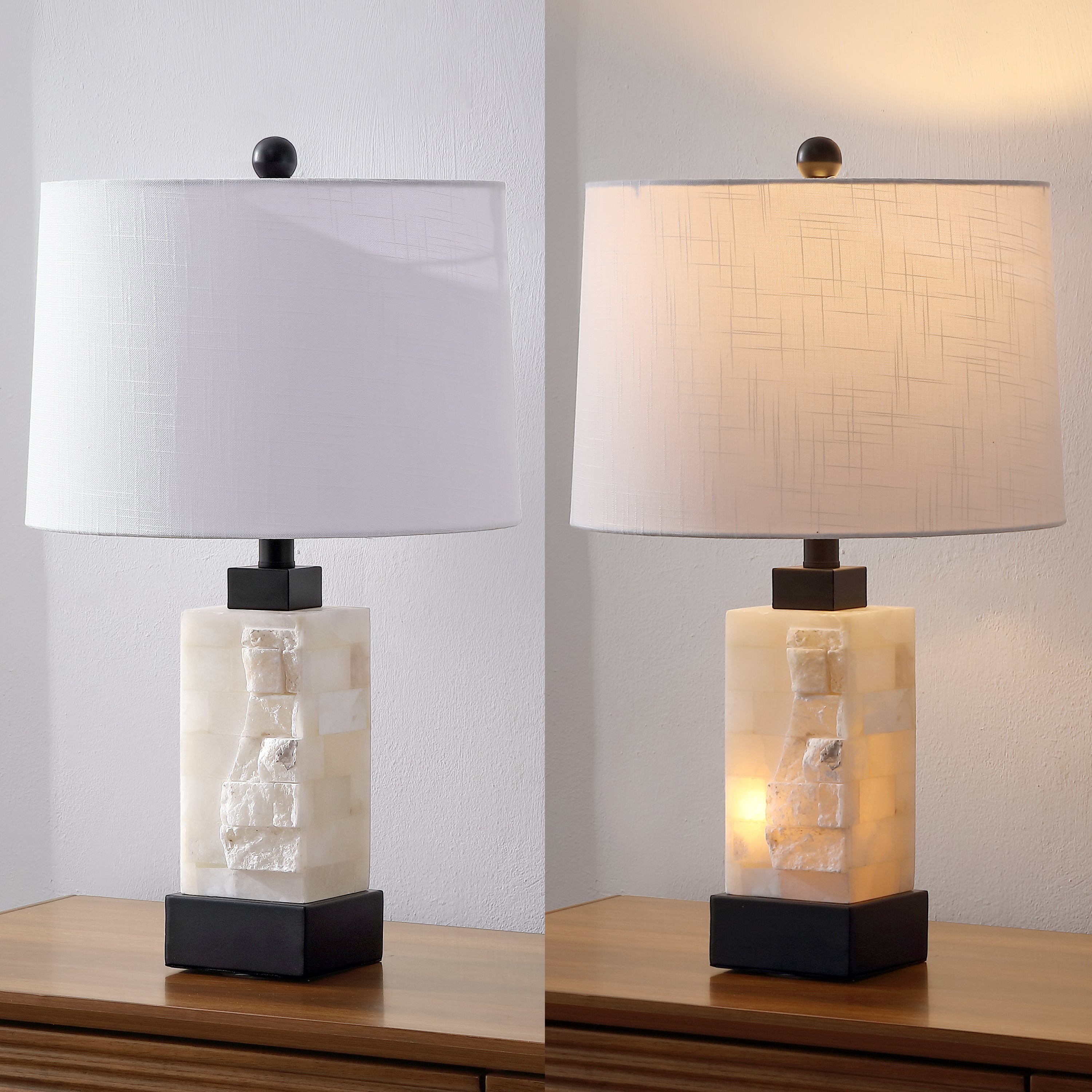 Eloise Coastal Glam Rectangular Alabaster/Metal LED Table Lamp with Nightlight Base