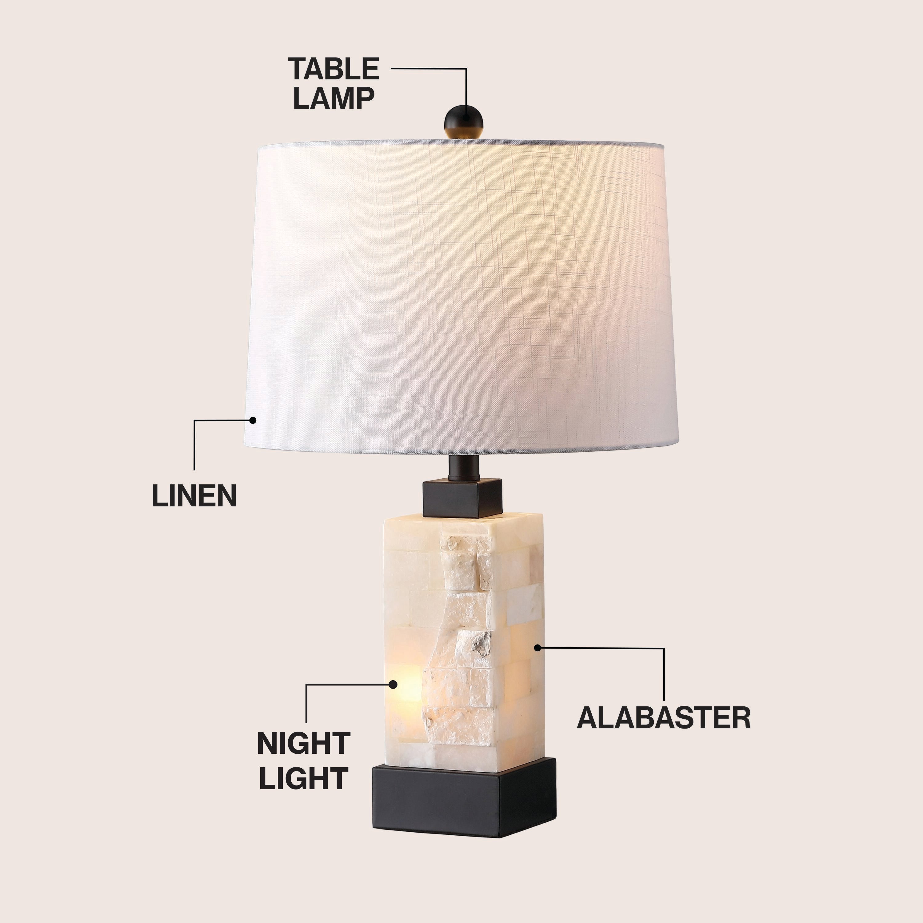 Eloise Coastal Glam Rectangular Alabaster/Metal LED Table Lamp with Nightlight Base