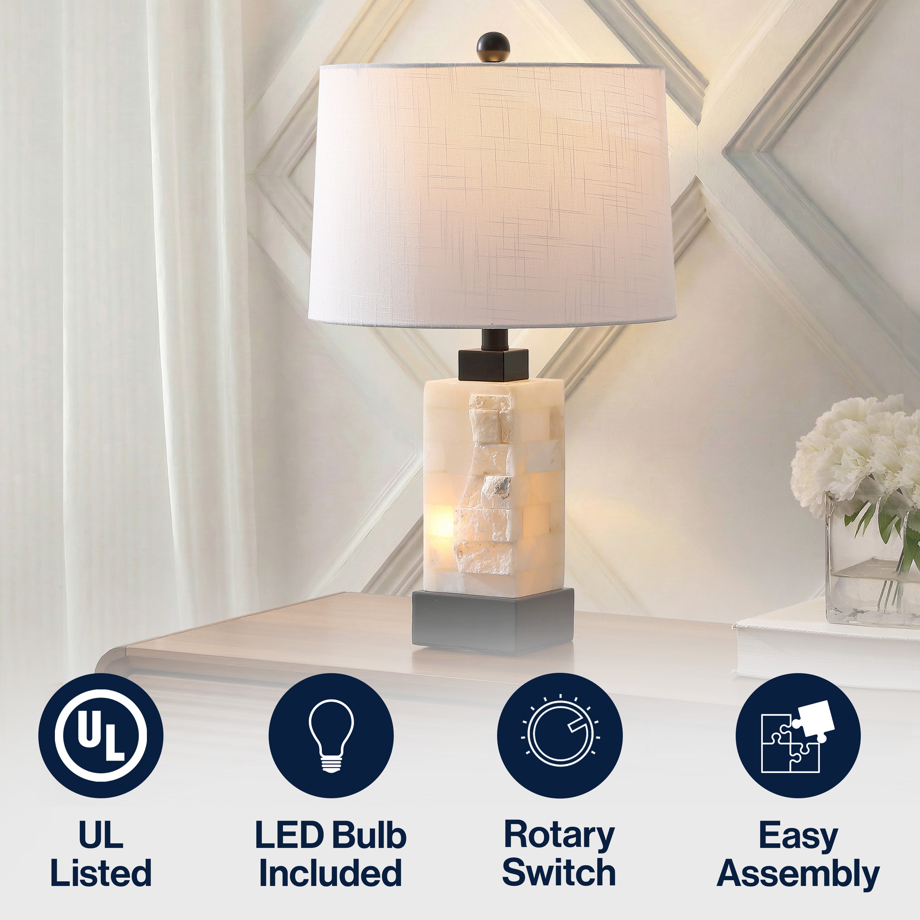 Eloise Coastal Glam Rectangular Alabaster/Metal LED Table Lamp with Nightlight Base