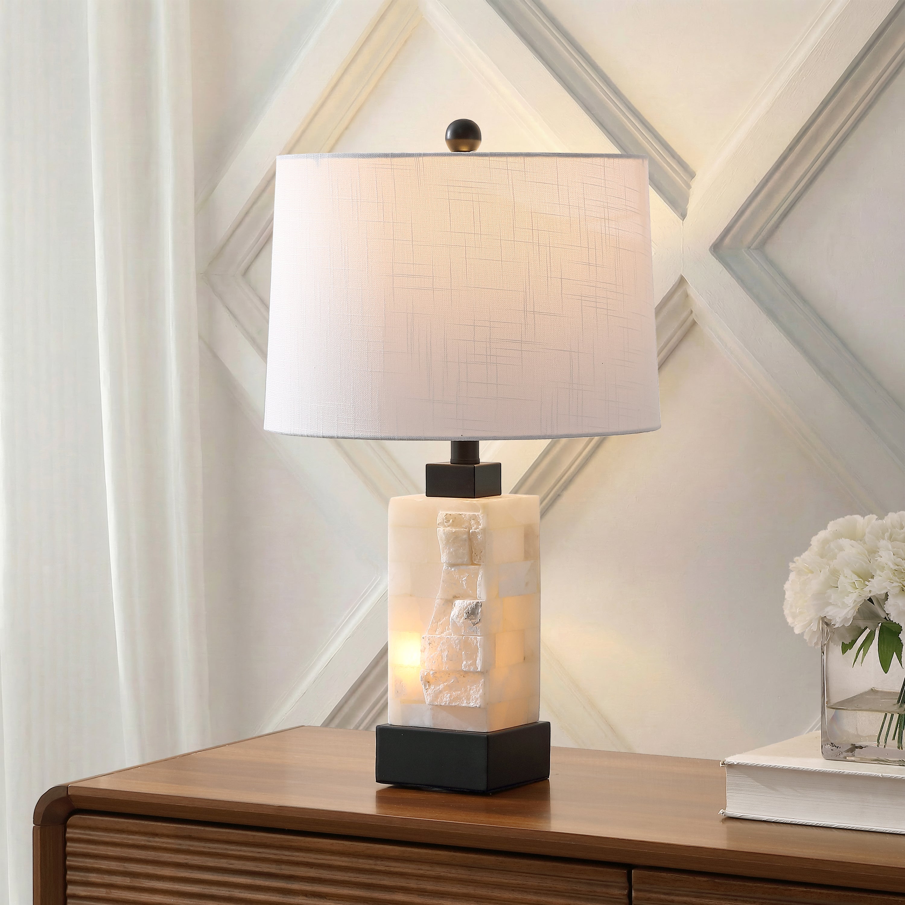 Eloise Coastal Glam Rectangular Alabaster/Metal LED Table Lamp with Nightlight Base