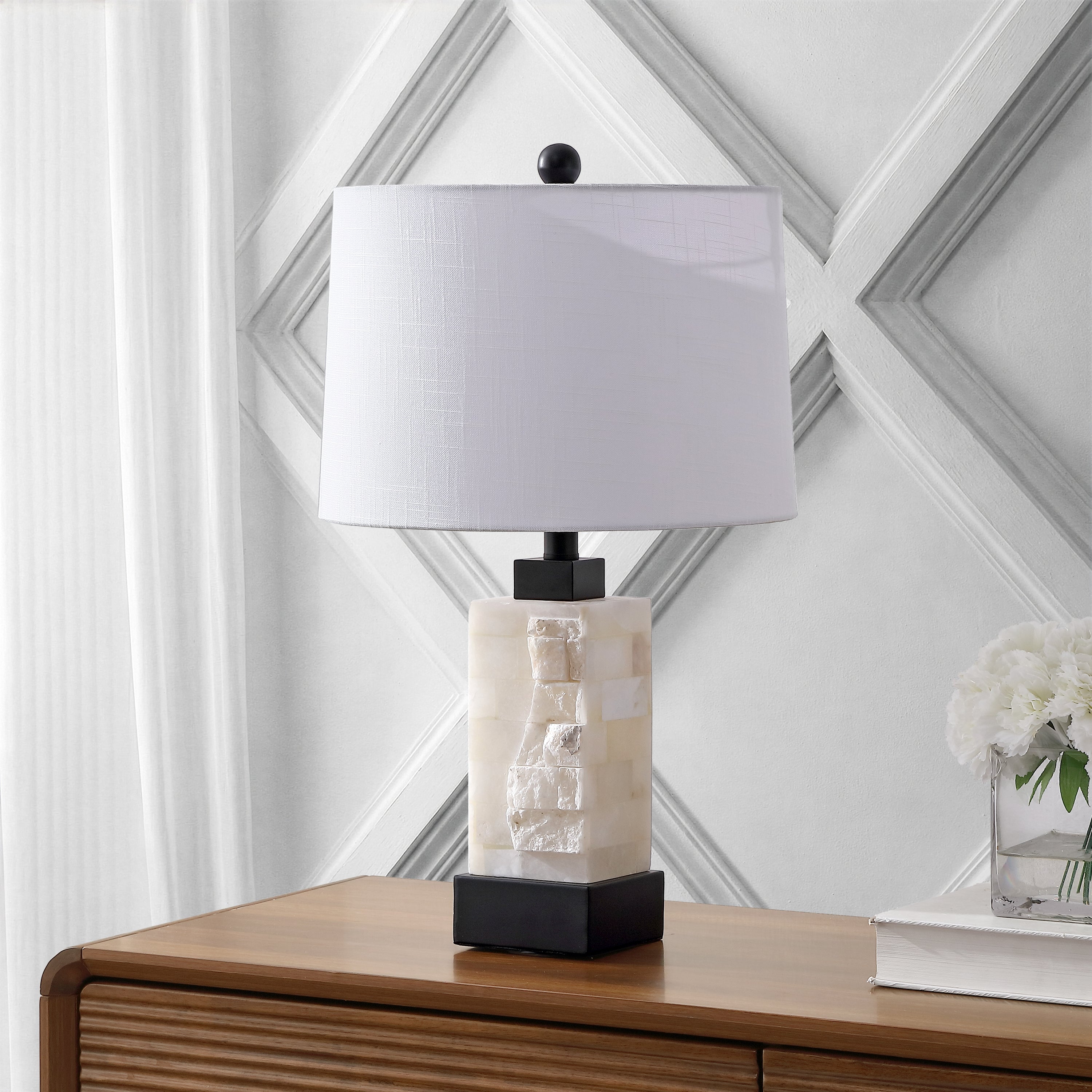 Eloise Coastal Glam Rectangular Alabaster/Metal LED Table Lamp with Nightlight Base