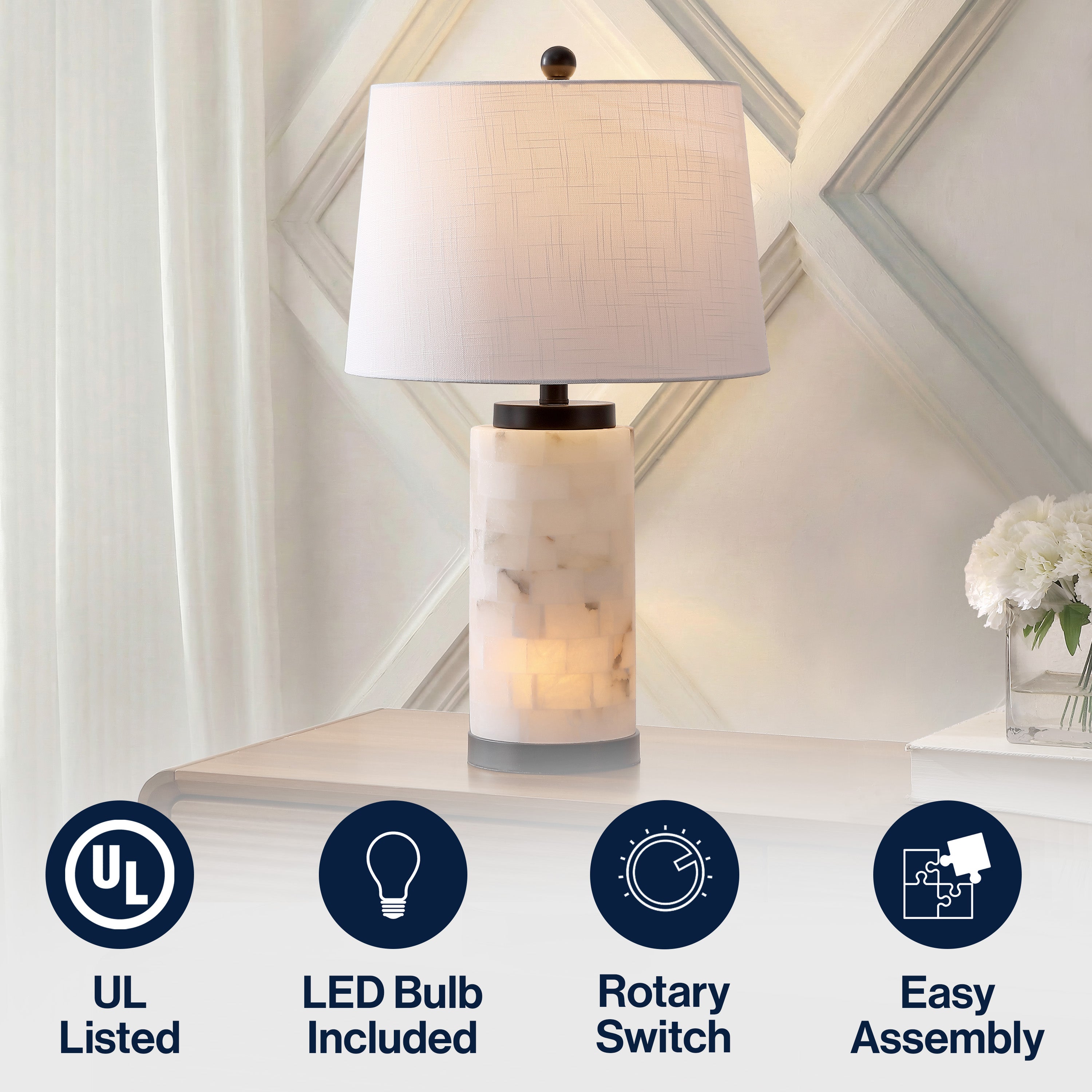 Eliza Contemporary Modern Alabaster Column LED Table Lamp with Nightlight Base