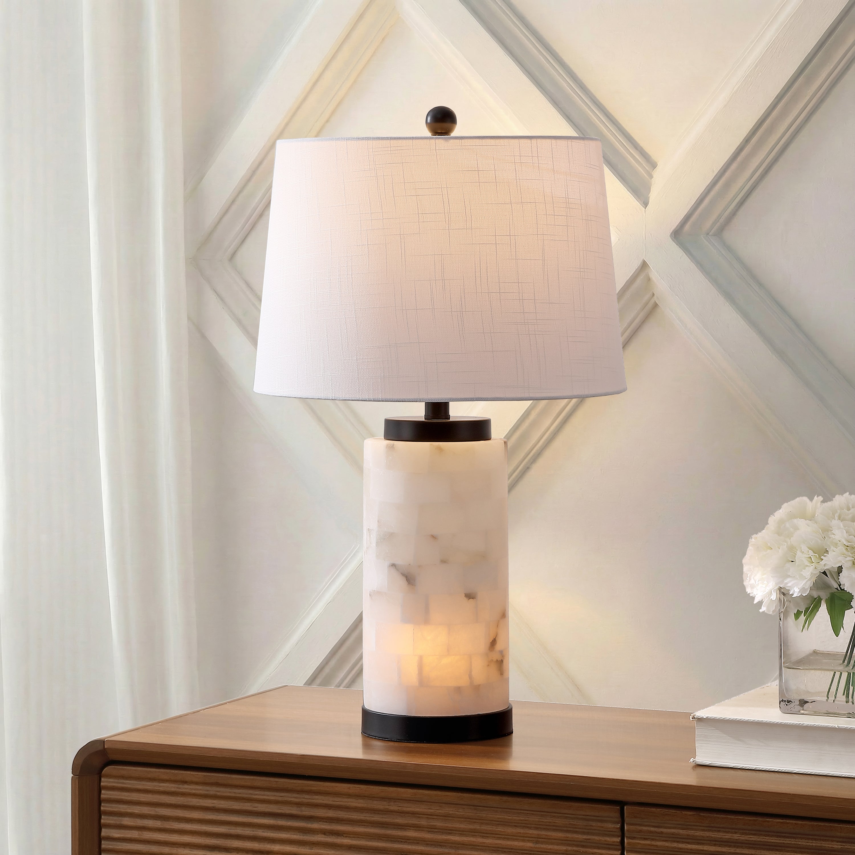 Eliza Contemporary Modern Alabaster Column LED Table Lamp with Nightlight Base