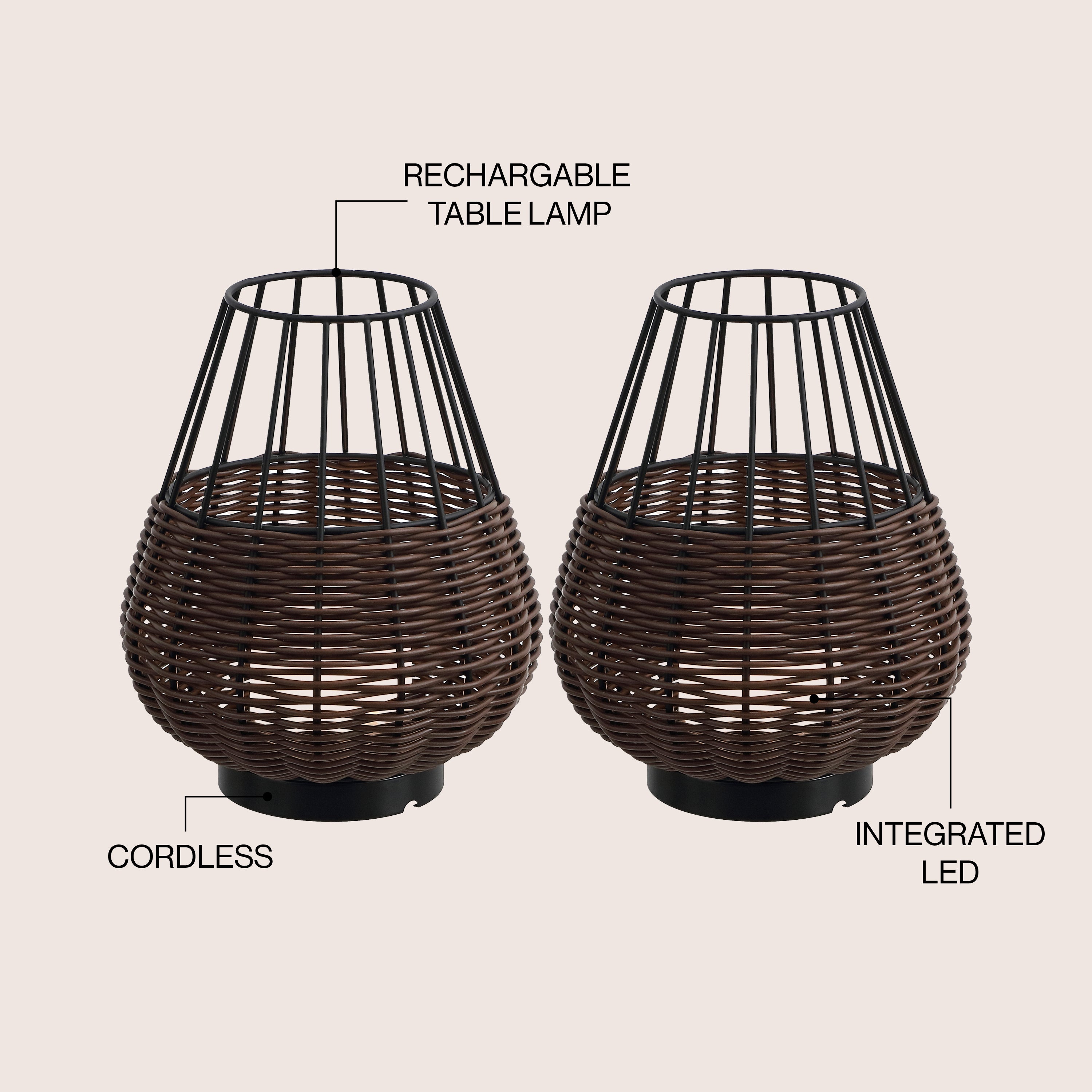 Elian 10" Modern Rustic Decorative Indoor/Outdoor Faux Wicker Rechargeable/Cordless Dimmable Integrated LED Table Lamp