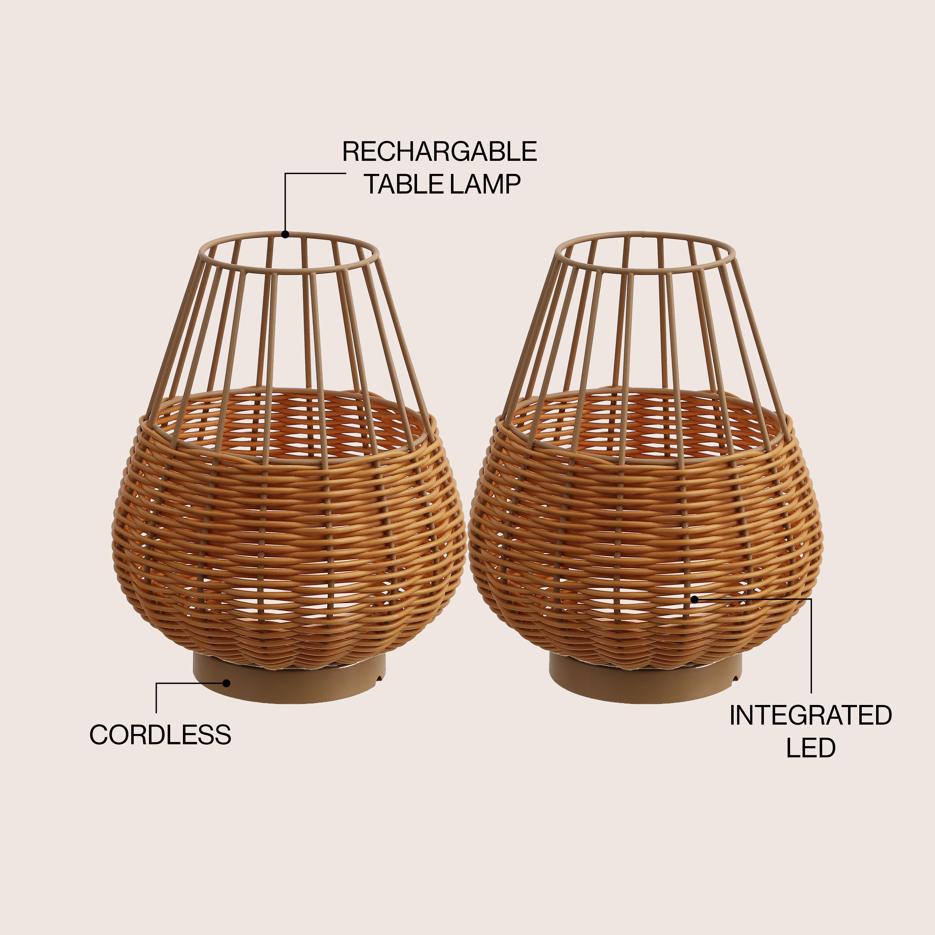 Elian 10" Modern Rustic Decorative Indoor/Outdoor Faux Wicker Rechargeable/Cordless Dimmable Integrated LED Table Lamp