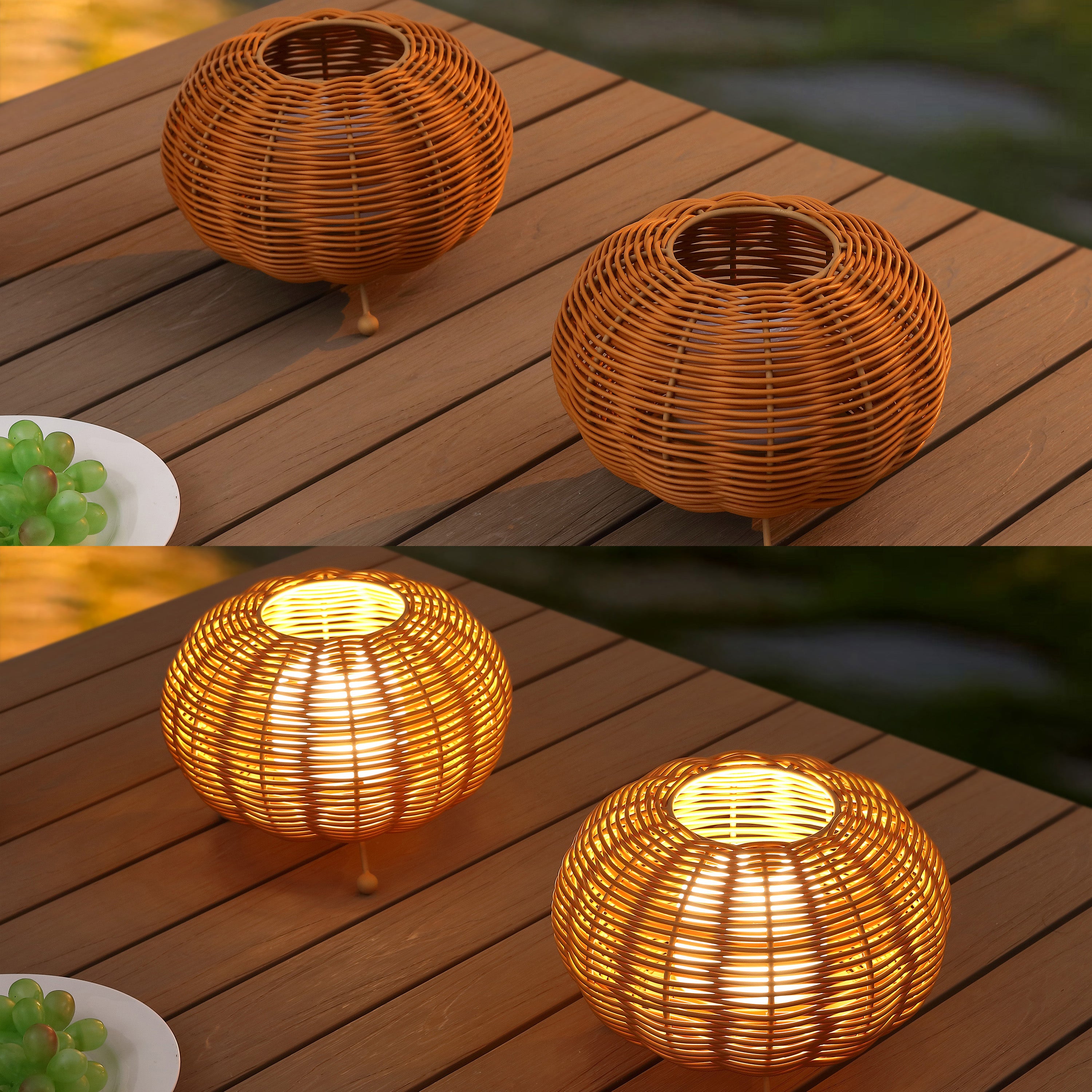 Kairi 5.75" Modern Bohemian Indoor/Outdoor Faux Rattan Lantern Rechargeable/Cordless Dimmable Integrated LED Table Lamp, Set of 2