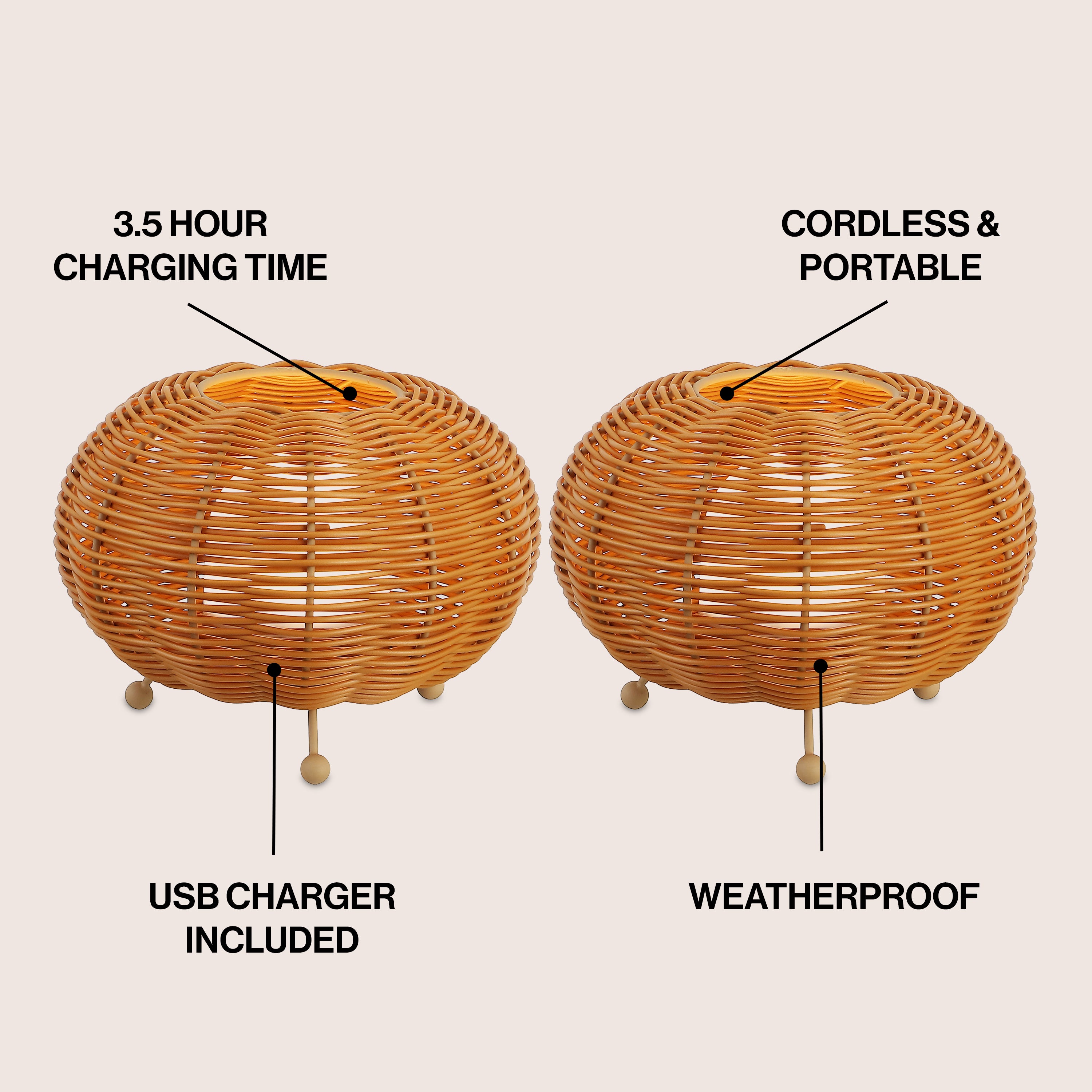 Kairi 5.75" Modern Bohemian Indoor/Outdoor Faux Rattan Lantern Rechargeable/Cordless Dimmable Integrated LED Table Lamp, Set of 2