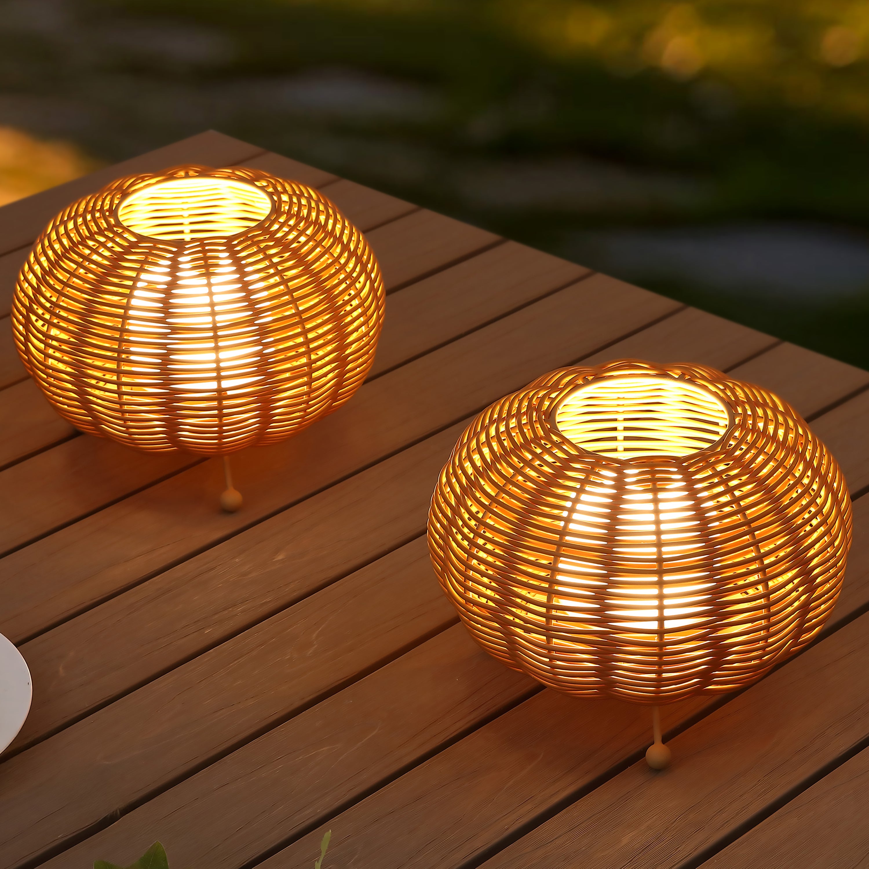 Kairi 5.75" Modern Bohemian Indoor/Outdoor Faux Rattan Lantern Rechargeable/Cordless Dimmable Integrated LED Table Lamp, Set of 2