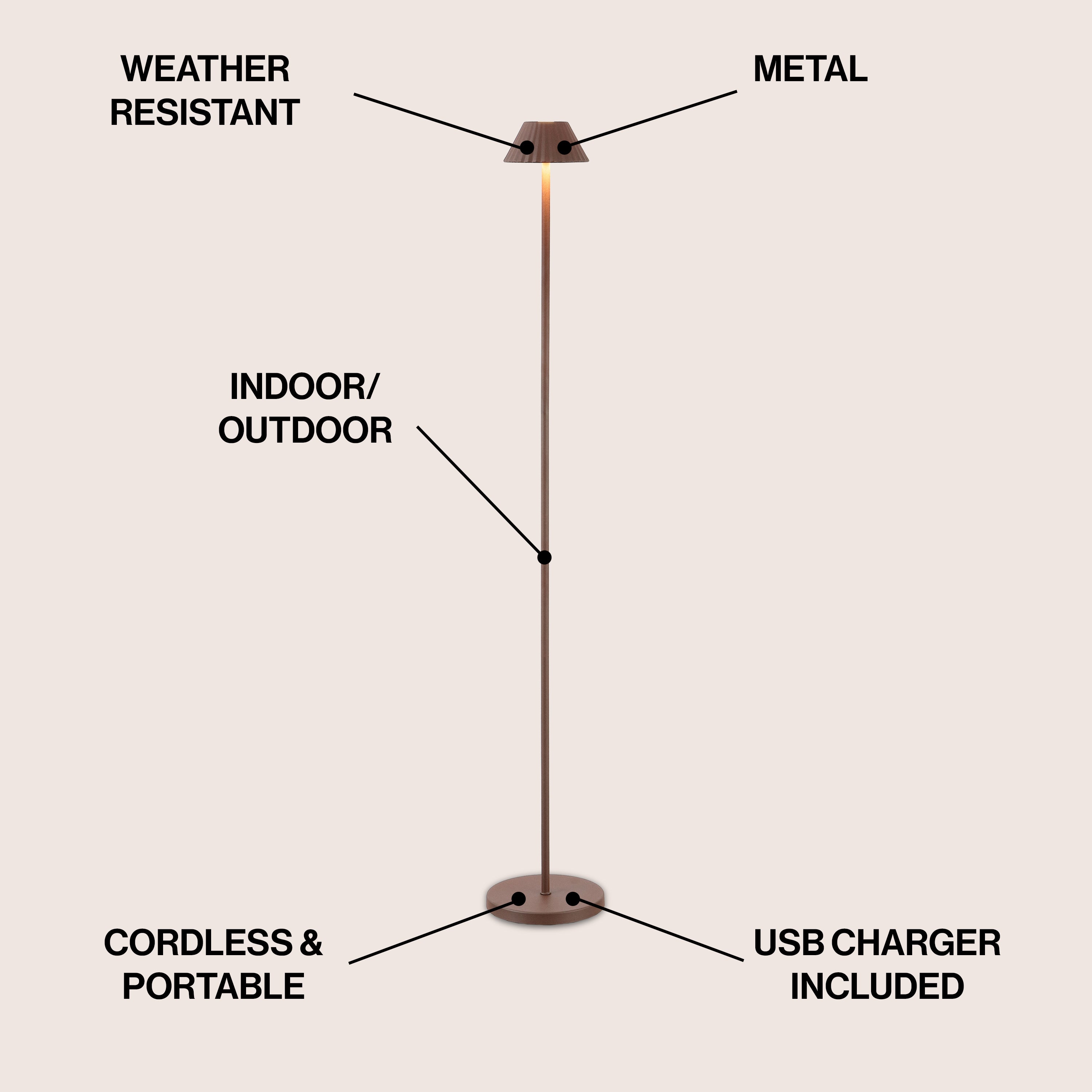 Mallory 44" Modern Minimalist Indoor/Outdoor Iron Pleated Shade Rechargeable/Cordless Dimmable Integrated LED Floor Lamp