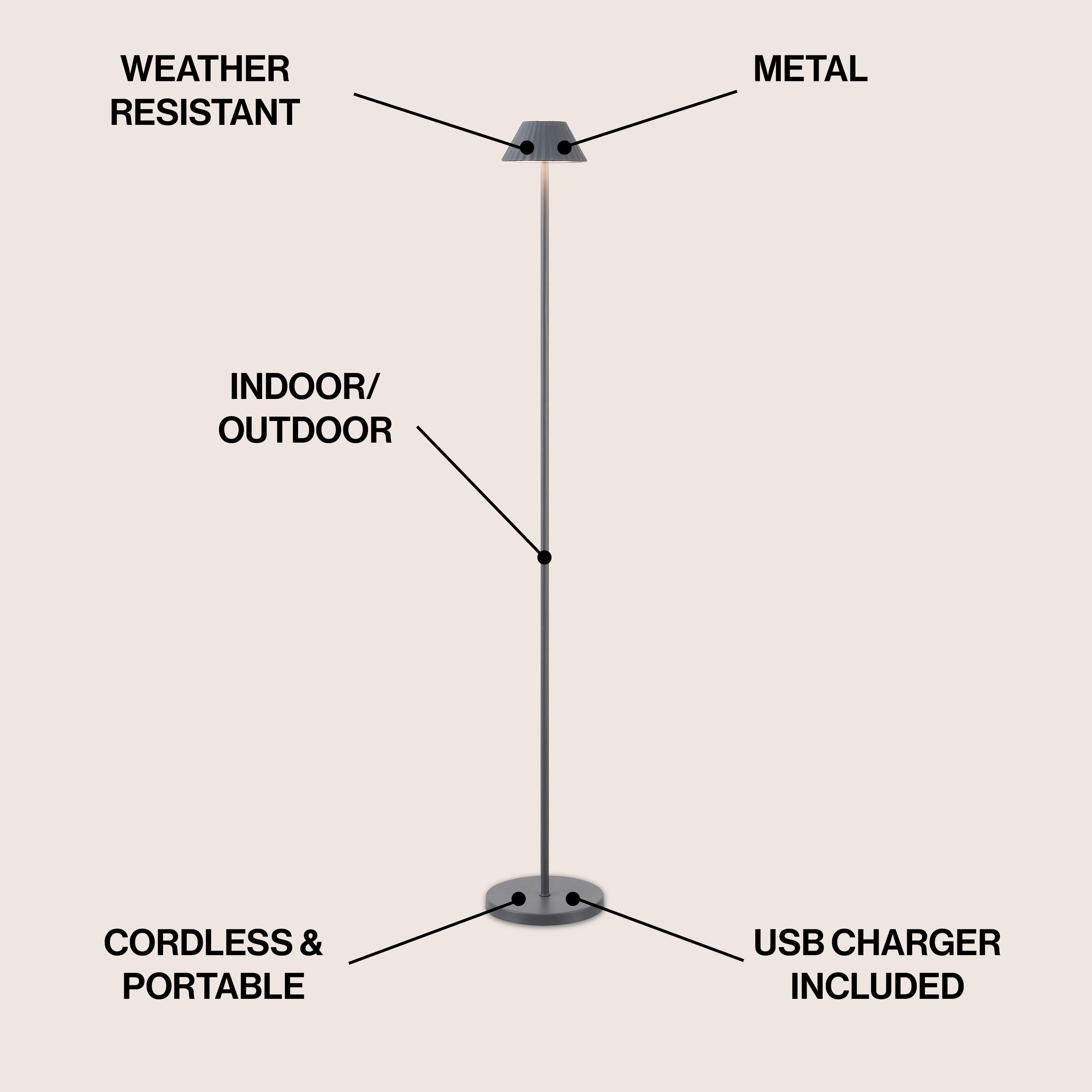 Mallory 44" Modern Minimalist Indoor/Outdoor Iron Pleated Shade Rechargeable/Cordless Dimmable Integrated LED Floor Lamp
