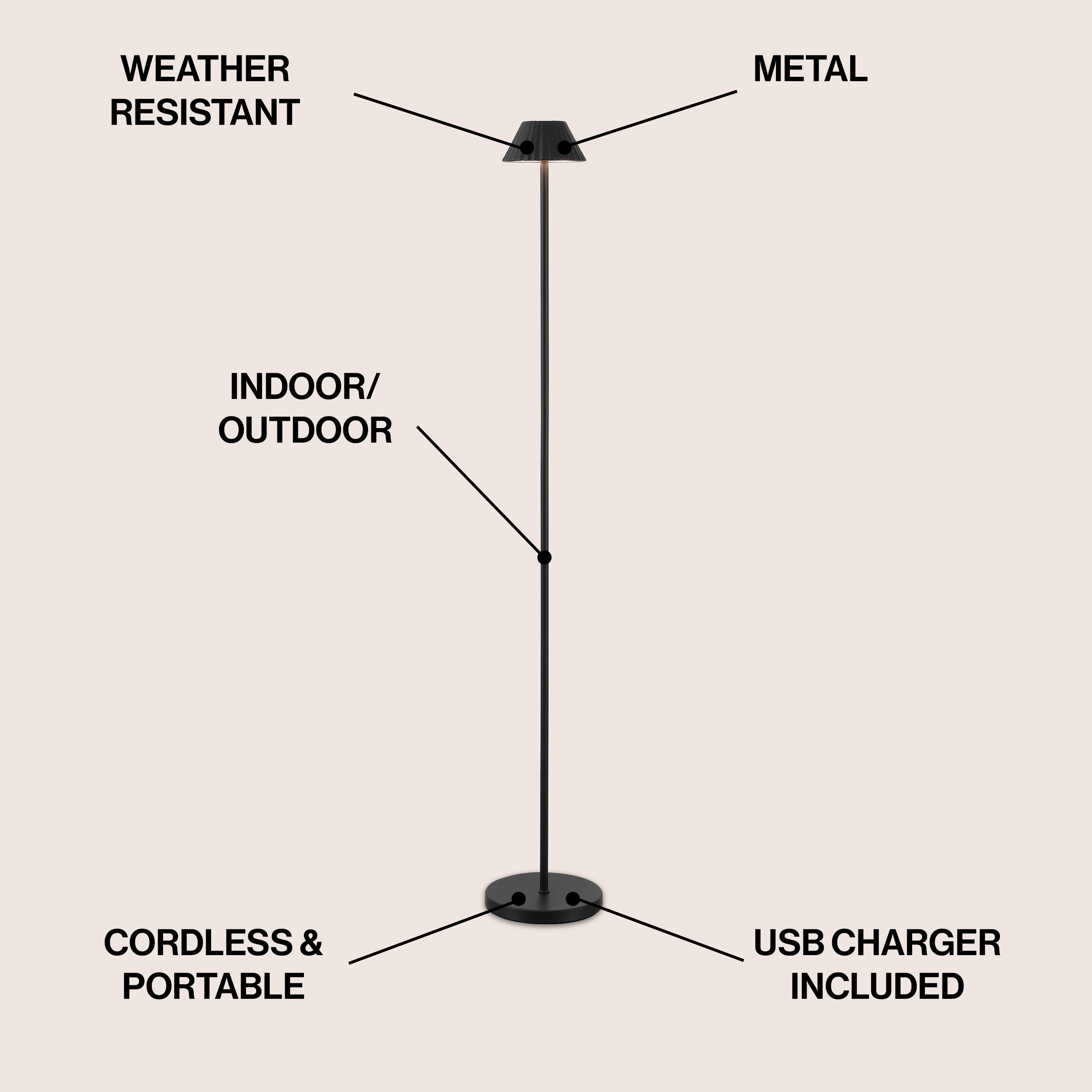 Mallory 44" Modern Minimalist Indoor/Outdoor Iron Pleated Shade Rechargeable/Cordless Dimmable Integrated LED Floor Lamp