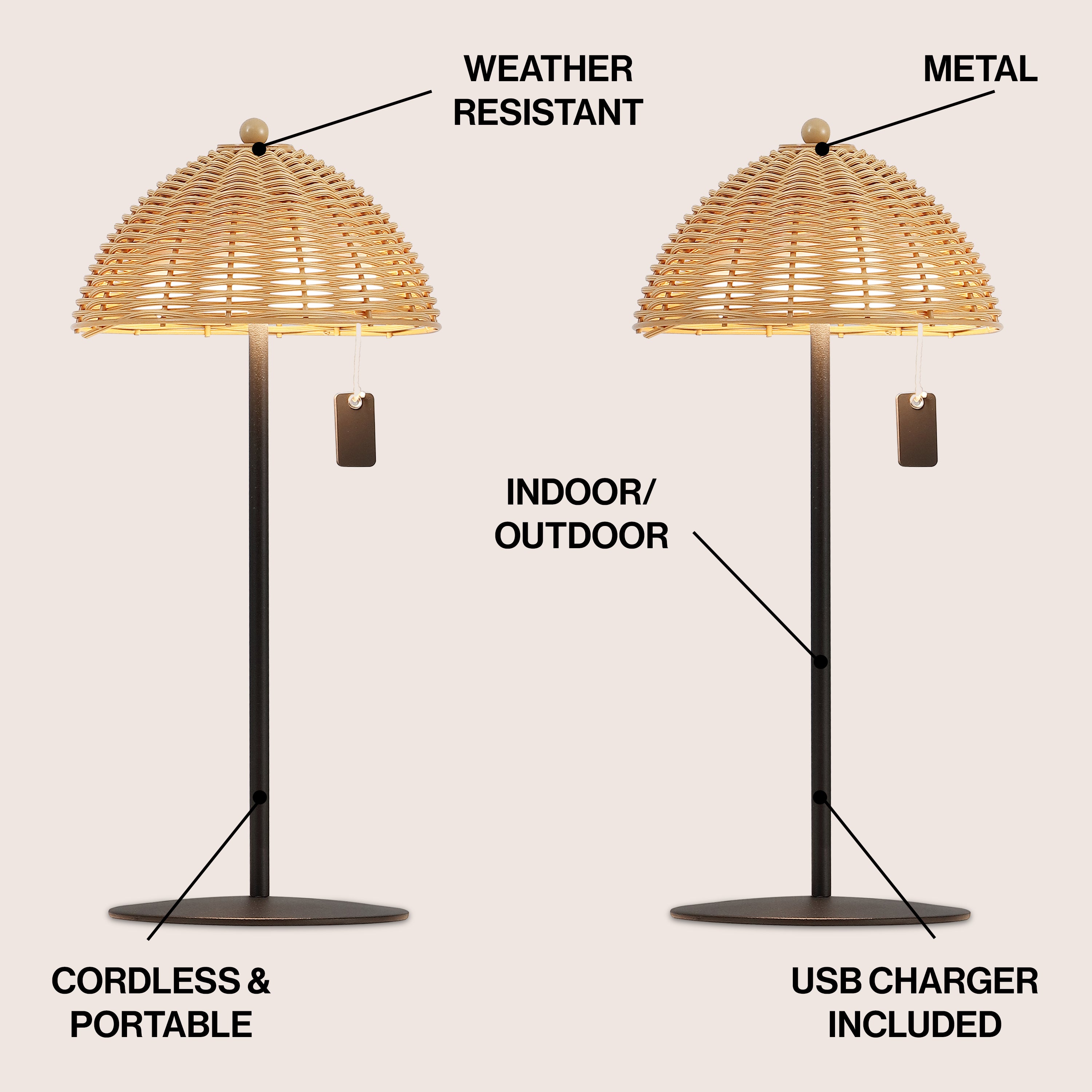Tilly 12.75" Modern Coastal Indoor/Outdoor Wicker Shade Rechargeable/Cordless Dimmable Integrated LED Table Lamp, Set of 2