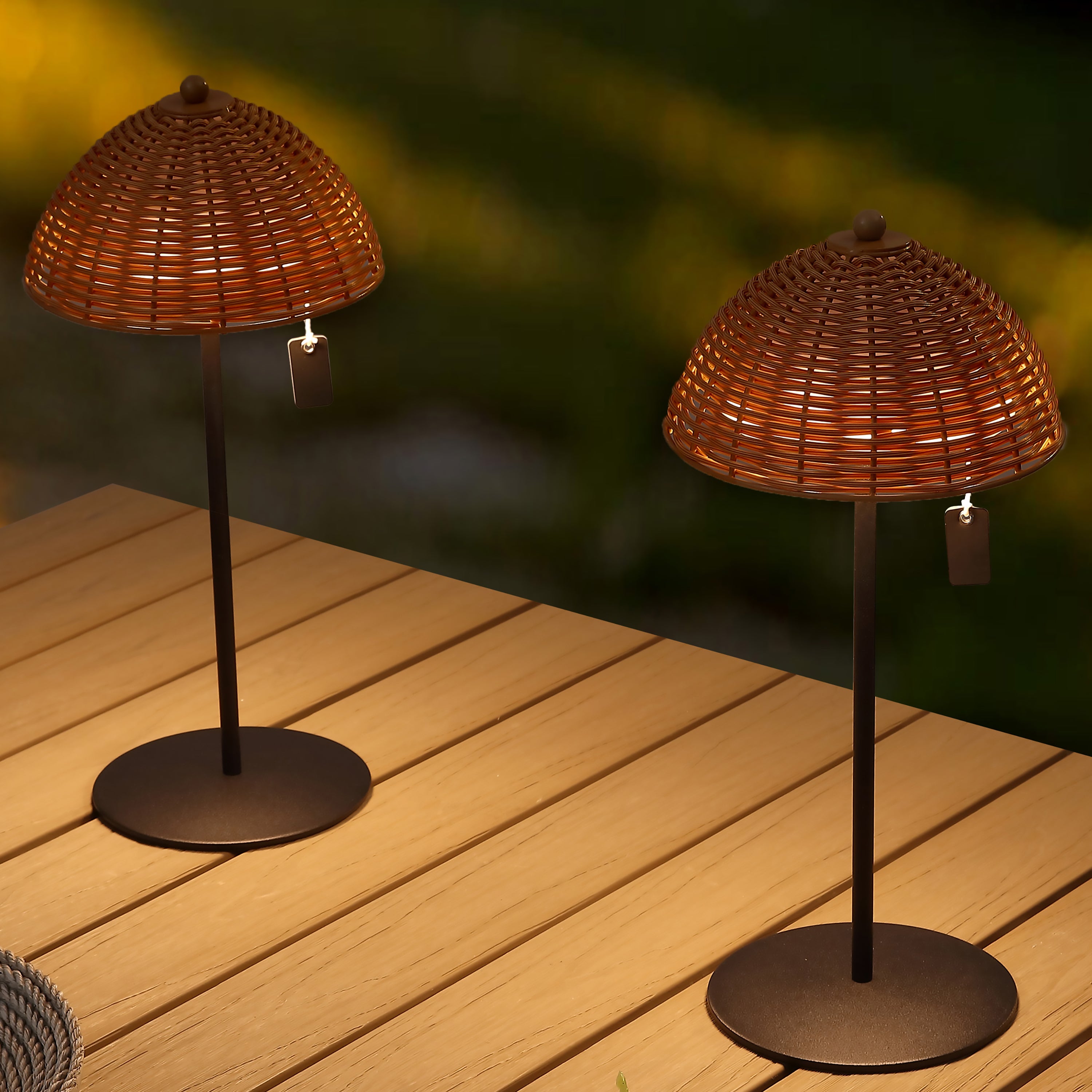 Tilly 12.75" Modern Coastal Indoor/Outdoor Wicker Shade Rechargeable/Cordless Dimmable Integrated LED Table Lamp, Set of 2