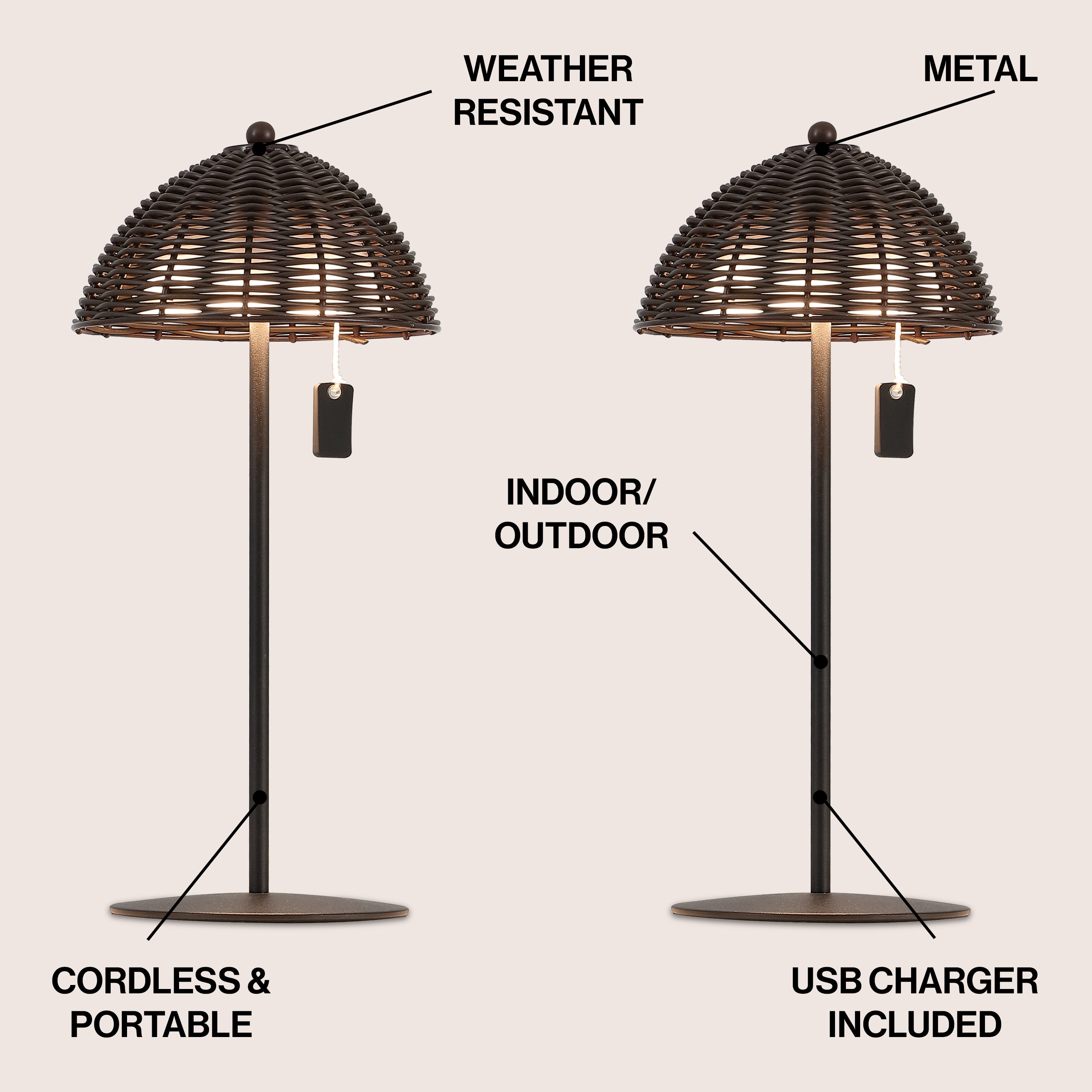 Tilly 12.75" Modern Coastal Indoor/Outdoor Wicker Shade Rechargeable/Cordless Dimmable Integrated LED Table Lamp, Set of 2