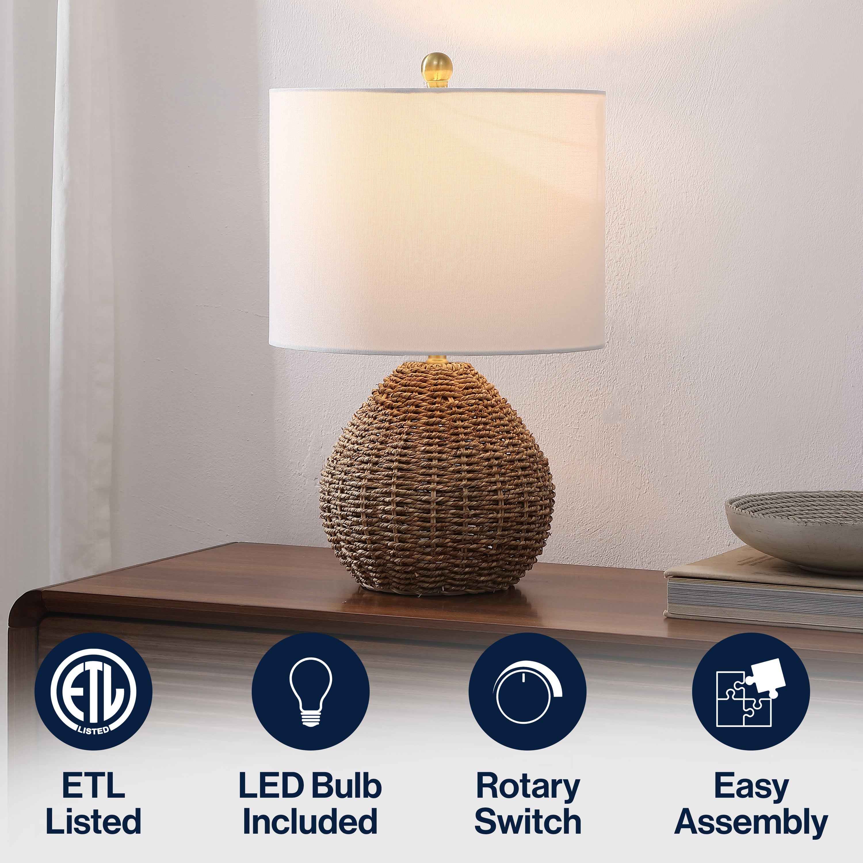 Kona 20.5" Bohemian Classic Rattan/Iron LED Table Lamp