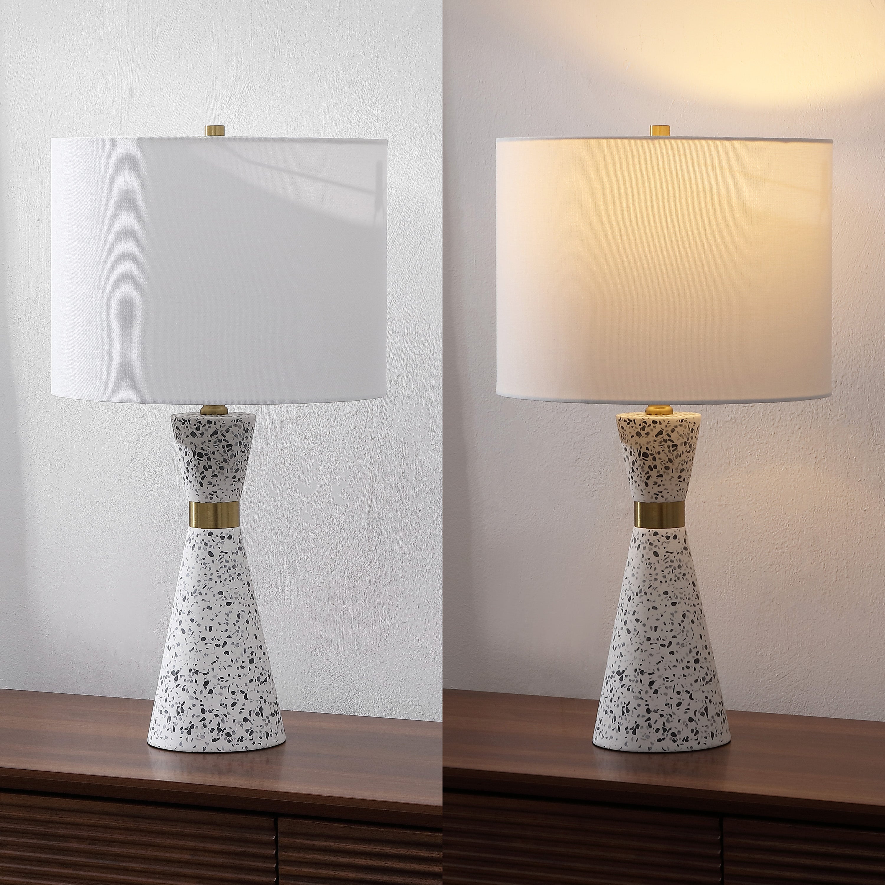 Artezza 24" Art Deco Contemporary Hourglass Terrazzo/Iron LED Table Lamp, White/Gray