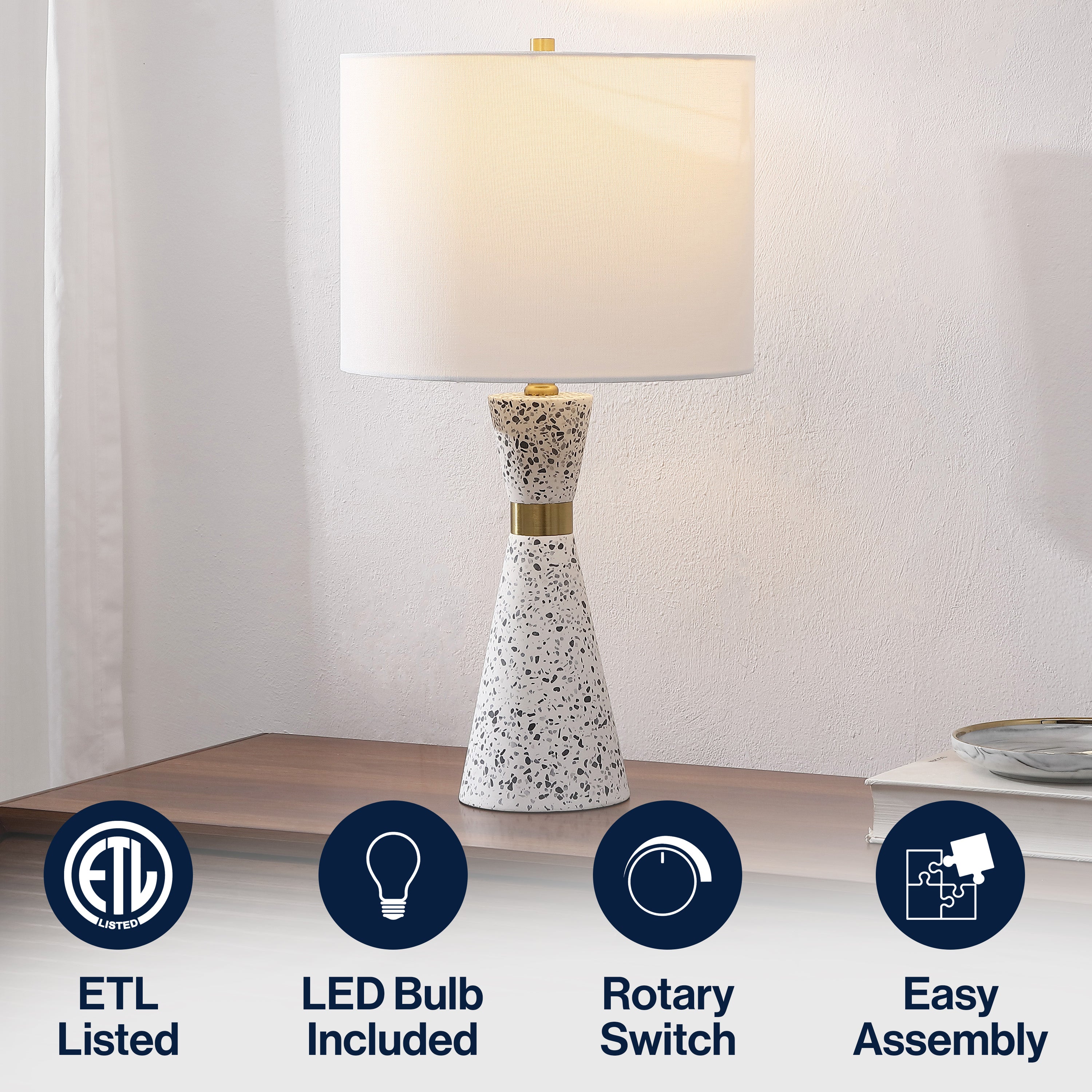Artezza 24" Art Deco Contemporary Hourglass Terrazzo/Iron LED Table Lamp, White/Gray