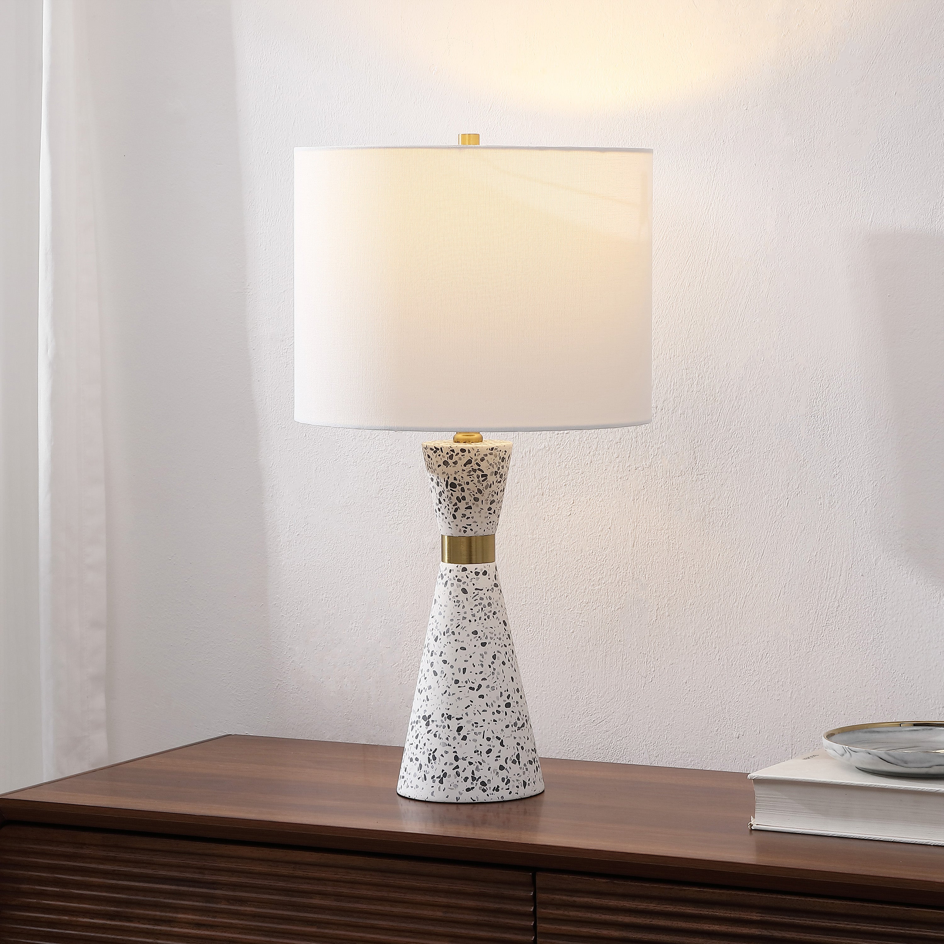Artezza 24" Art Deco Contemporary Hourglass Terrazzo/Iron LED Table Lamp, White/Gray