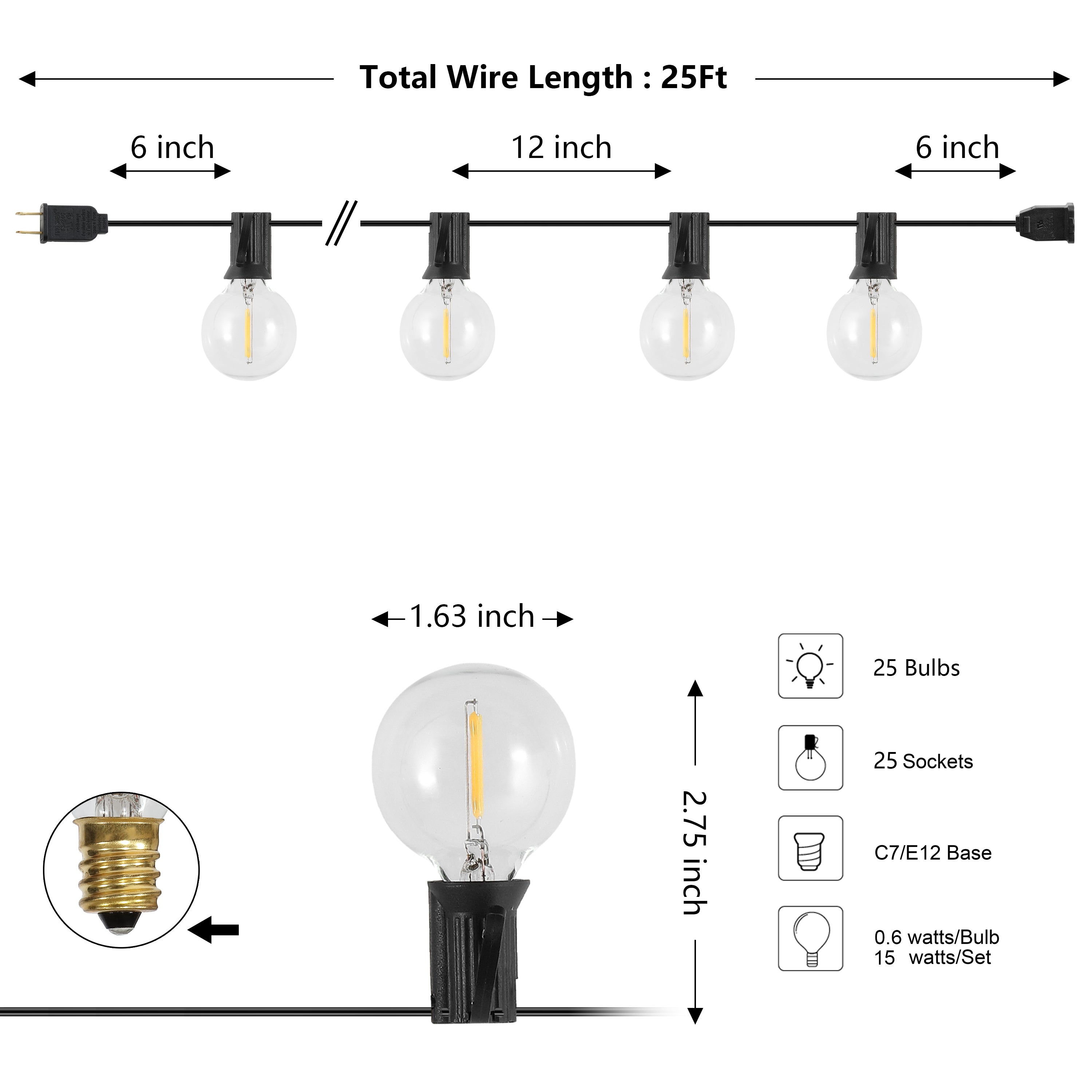 25-Light Indoor/Outdoor 25 ft. Contemporary Rustic Incandescent G40 Bistro Globe Bulb String Lights (Set of 2)