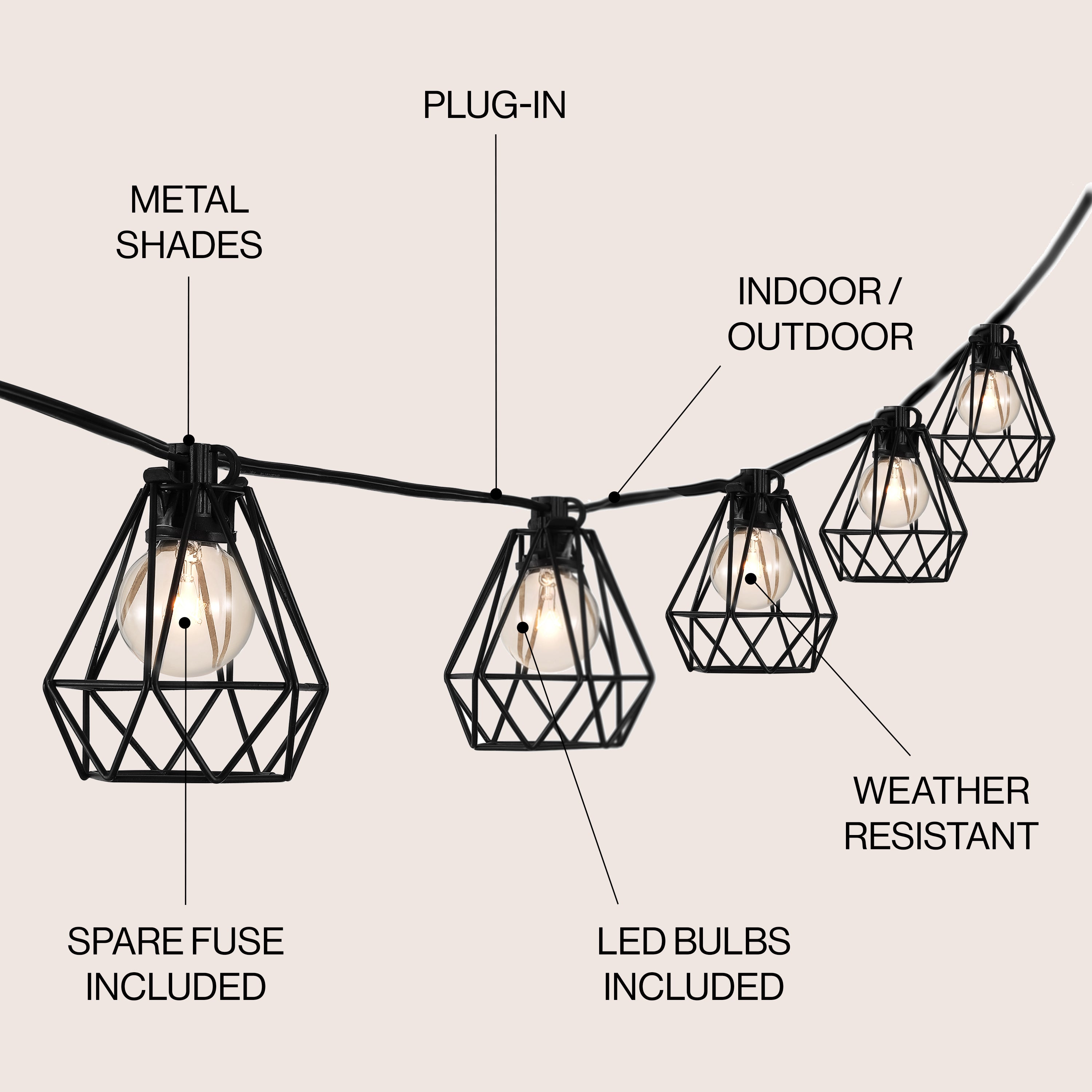 10-Light Indoor/Outdoor 10 ft. Contemporary Transitional Incandescent G40 Diamond Cage String Lights