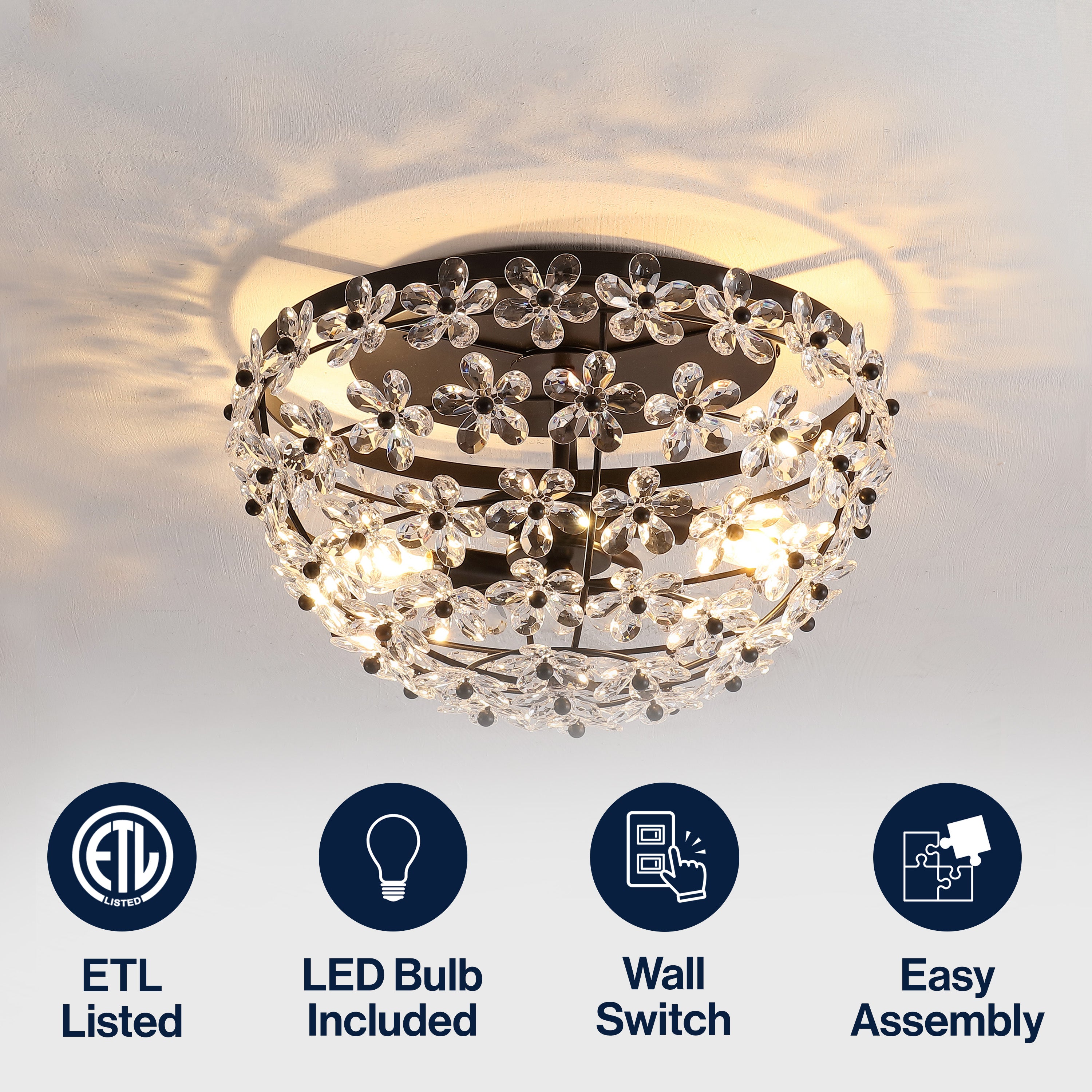 Izzy 2-Light Modern Glam Metal Dome LED Flush Mount with Crystal Flower Accents