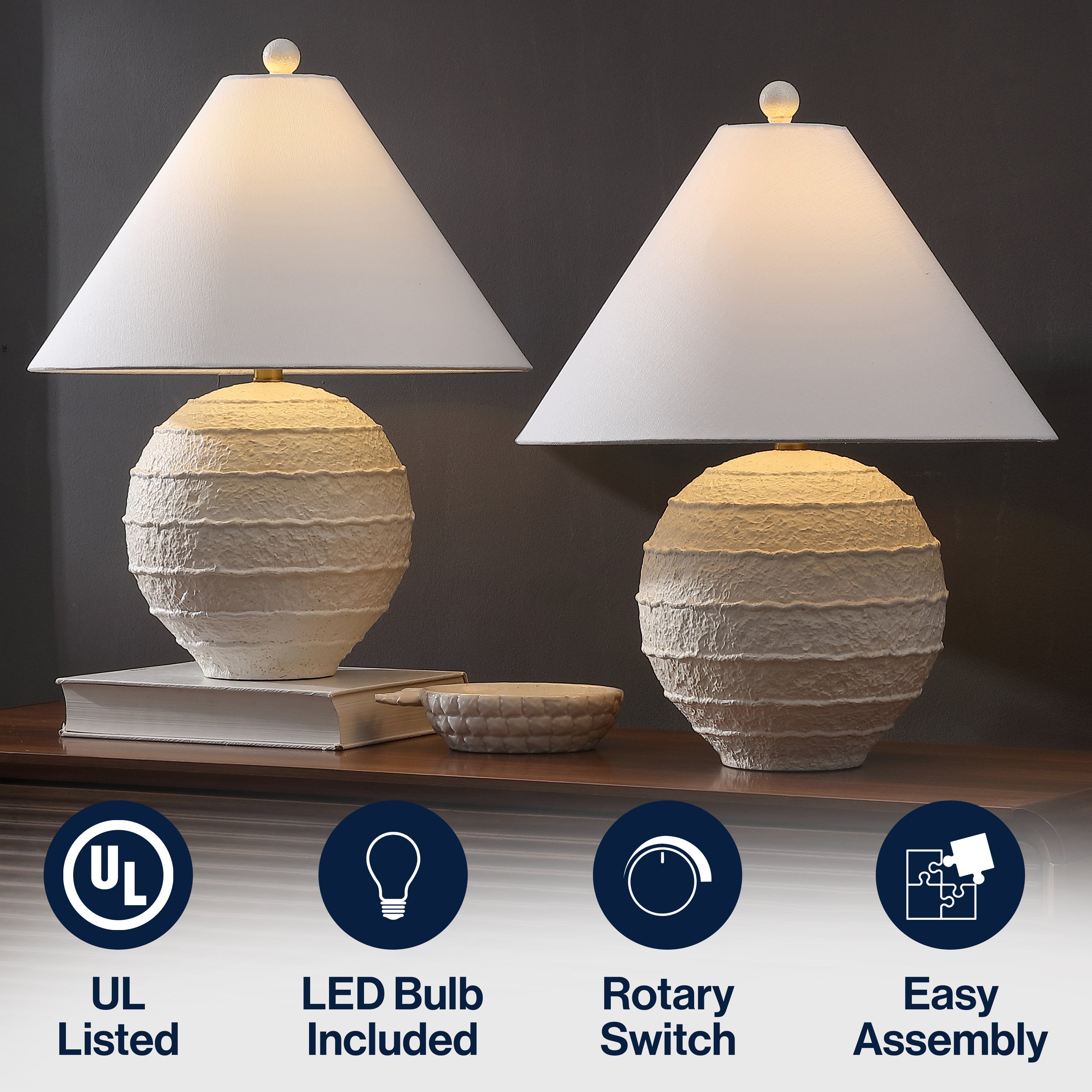 Archer 21" Coastal Cottage Textured Resin/Metal Ridged LED Table Lamp (Set of 2)