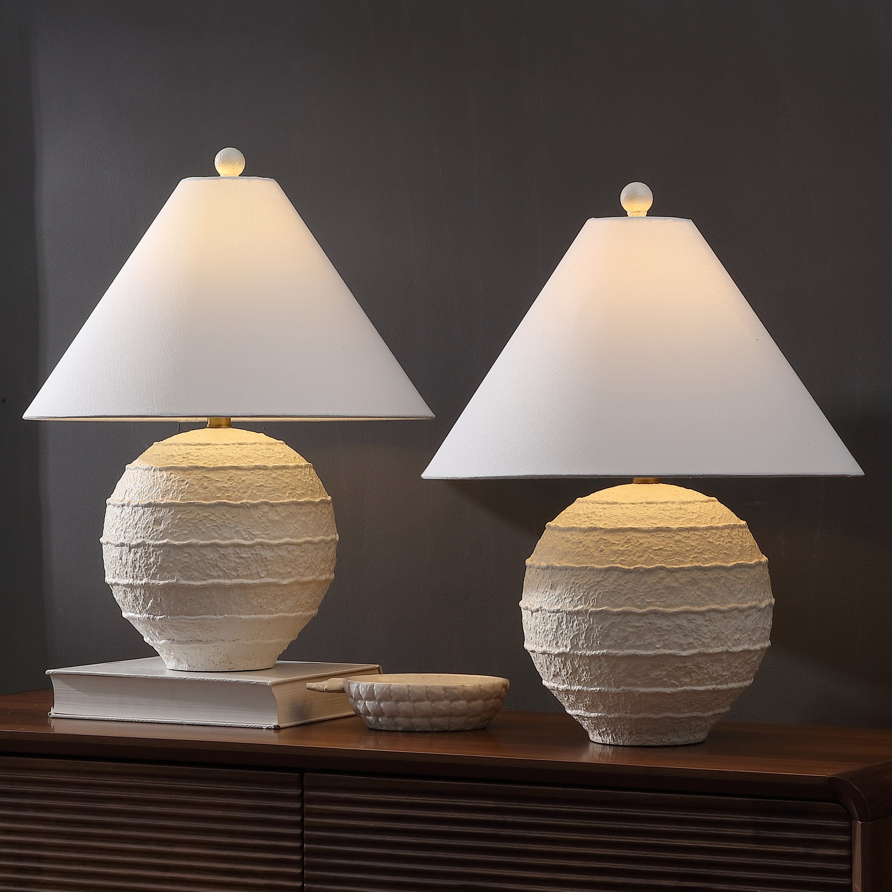 Archer 21" Coastal Cottage Textured Resin/Metal Ridged LED Table Lamp (Set of 2)