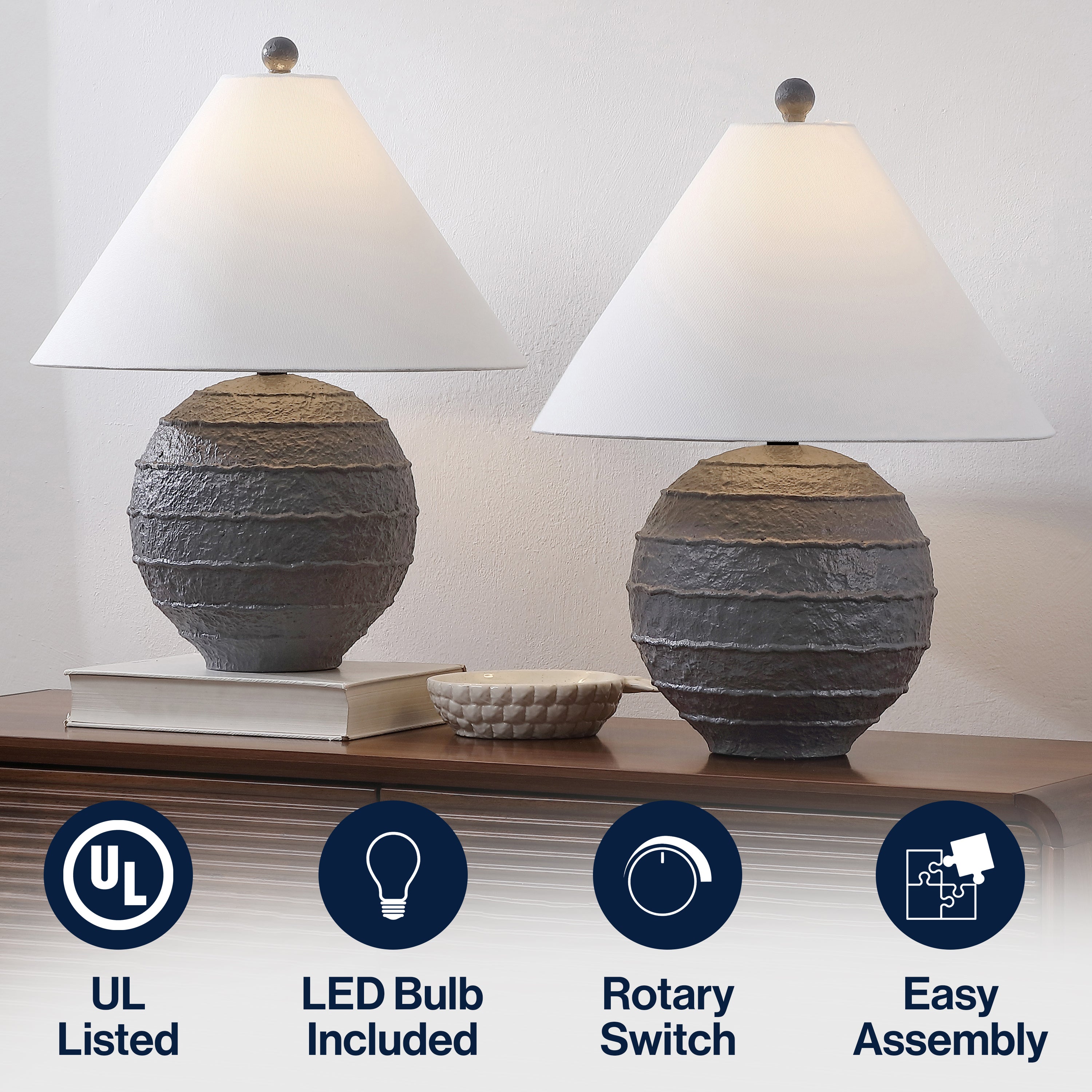 Archer 21" Coastal Cottage Textured Resin/Metal Ridged LED Table Lamp (Set of 2)