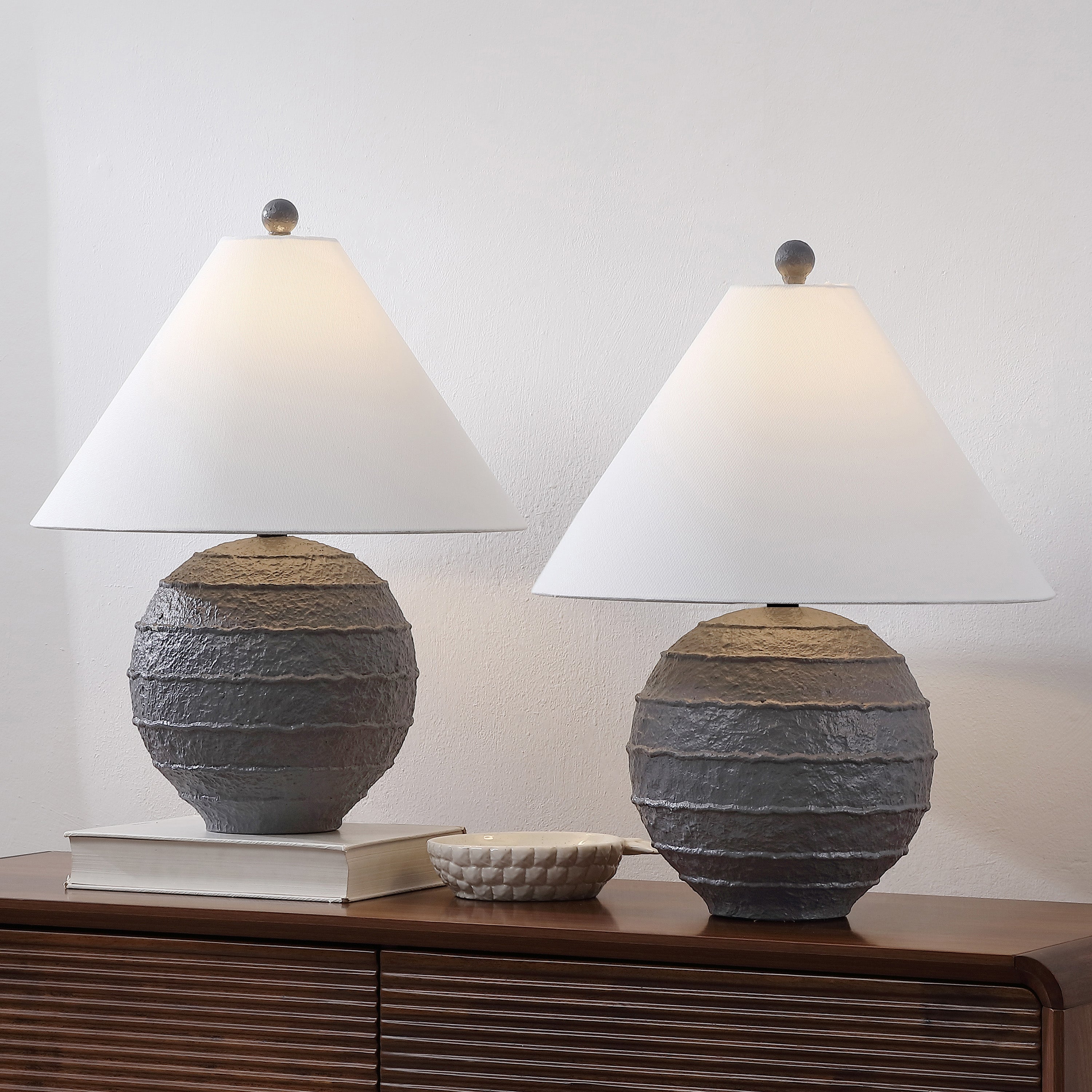 Archer 21" Coastal Cottage Textured Resin/Metal Ridged LED Table Lamp (Set of 2)