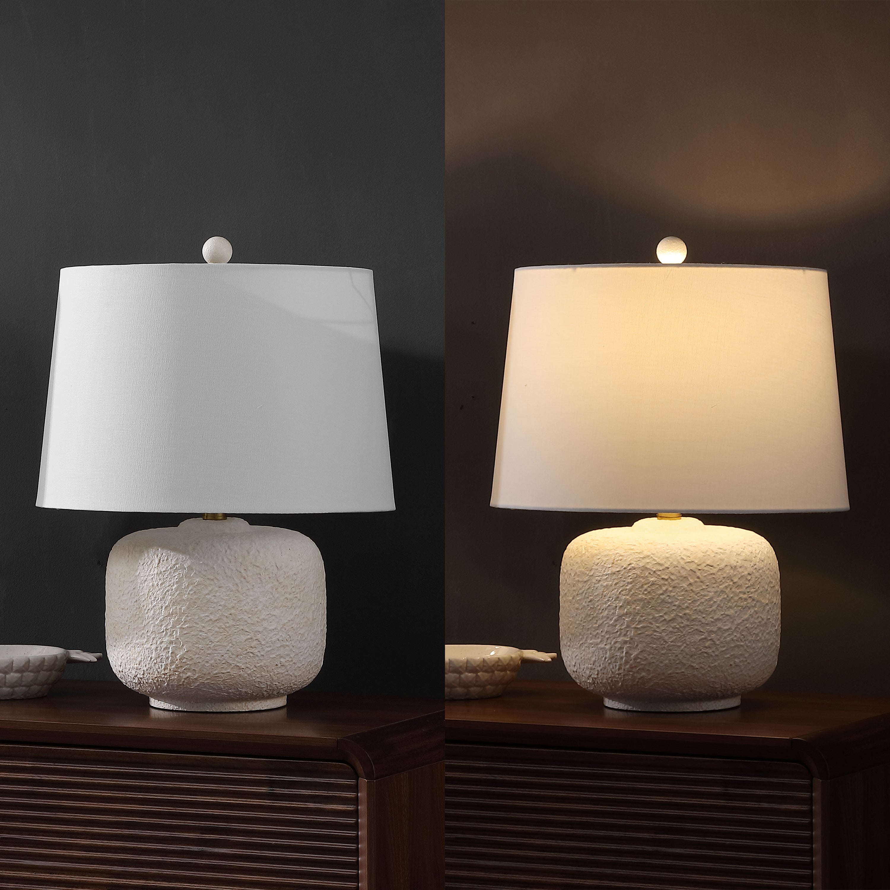 Qualm 20" Coastal Farmhouse Textured Resin/Metal Rounded Barrel LED Table Lamp (Set of 2)