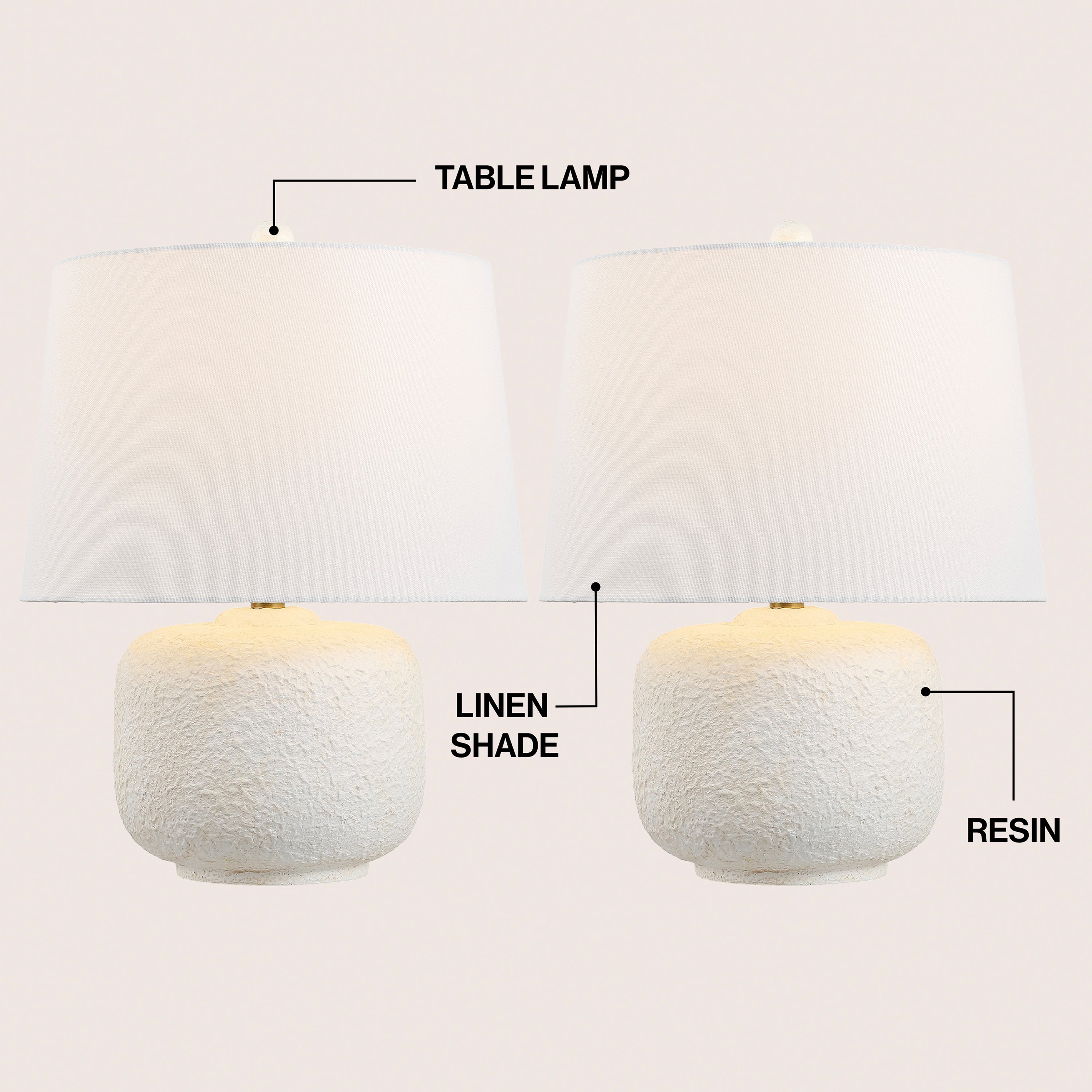 Qualm 20" Coastal Farmhouse Textured Resin/Metal Rounded Barrel LED Table Lamp (Set of 2)