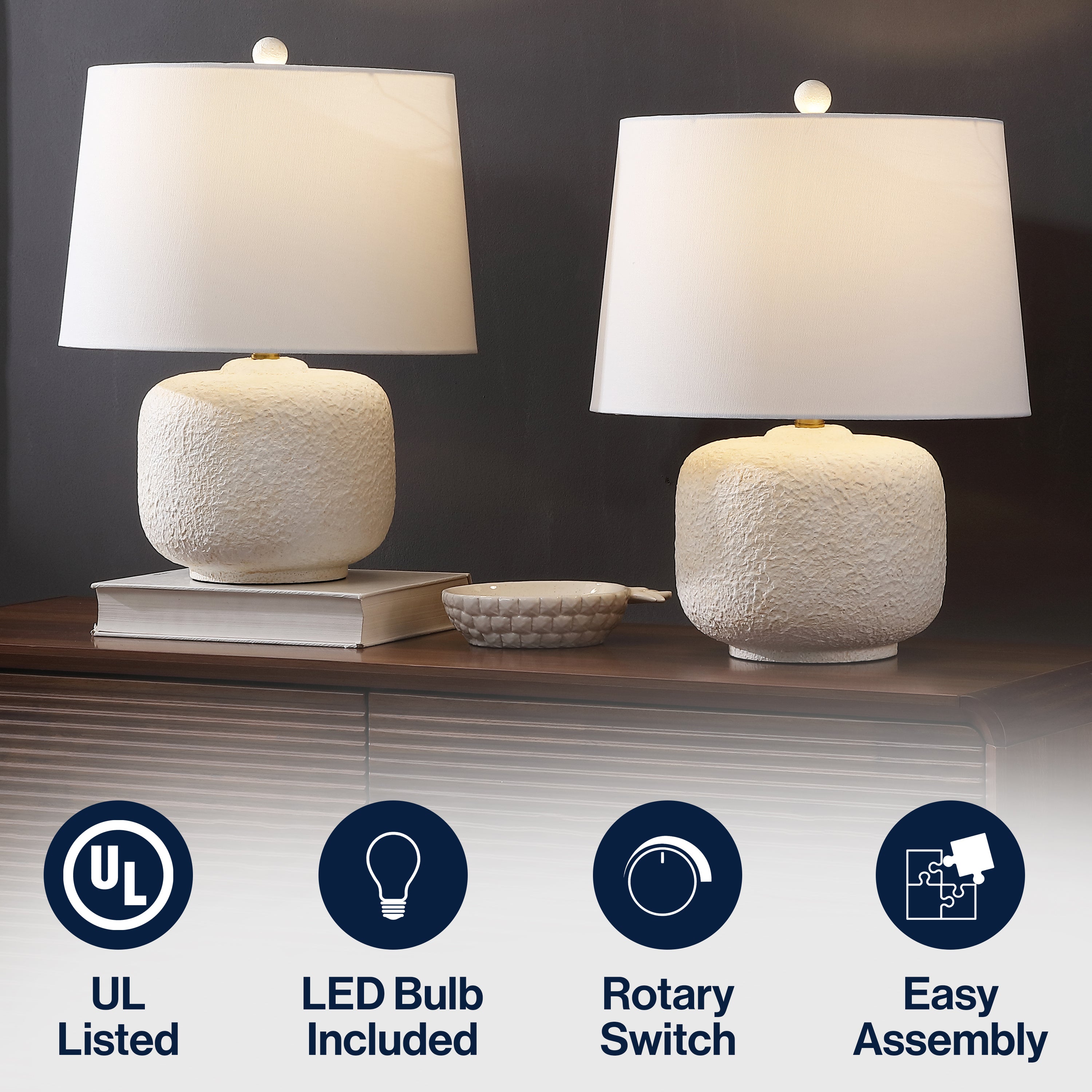 Qualm 20" Coastal Farmhouse Textured Resin/Metal Rounded Barrel LED Table Lamp (Set of 2)