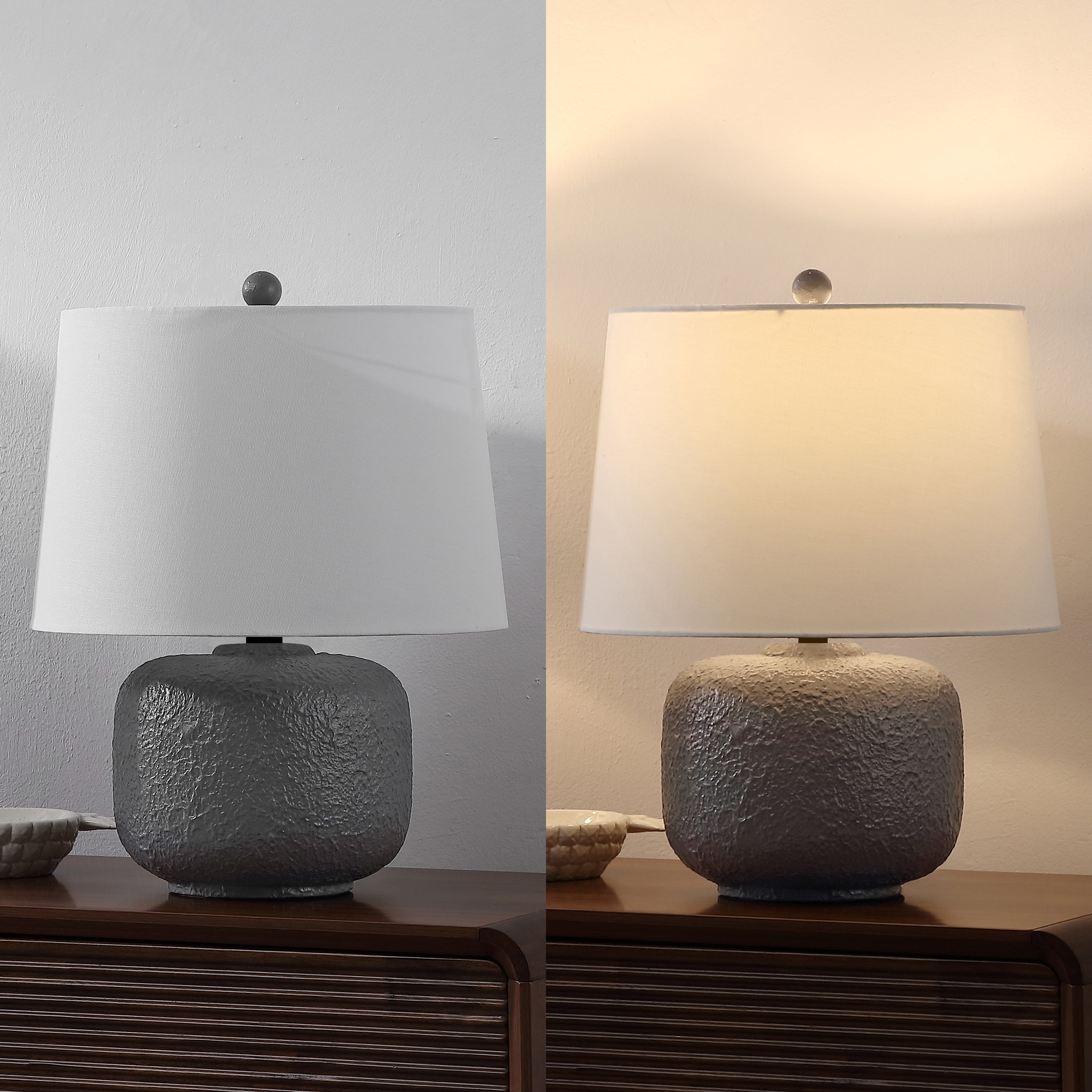 Qualm 20" Coastal Farmhouse Textured Resin/Metal Rounded Barrel LED Table Lamp (Set of 2)