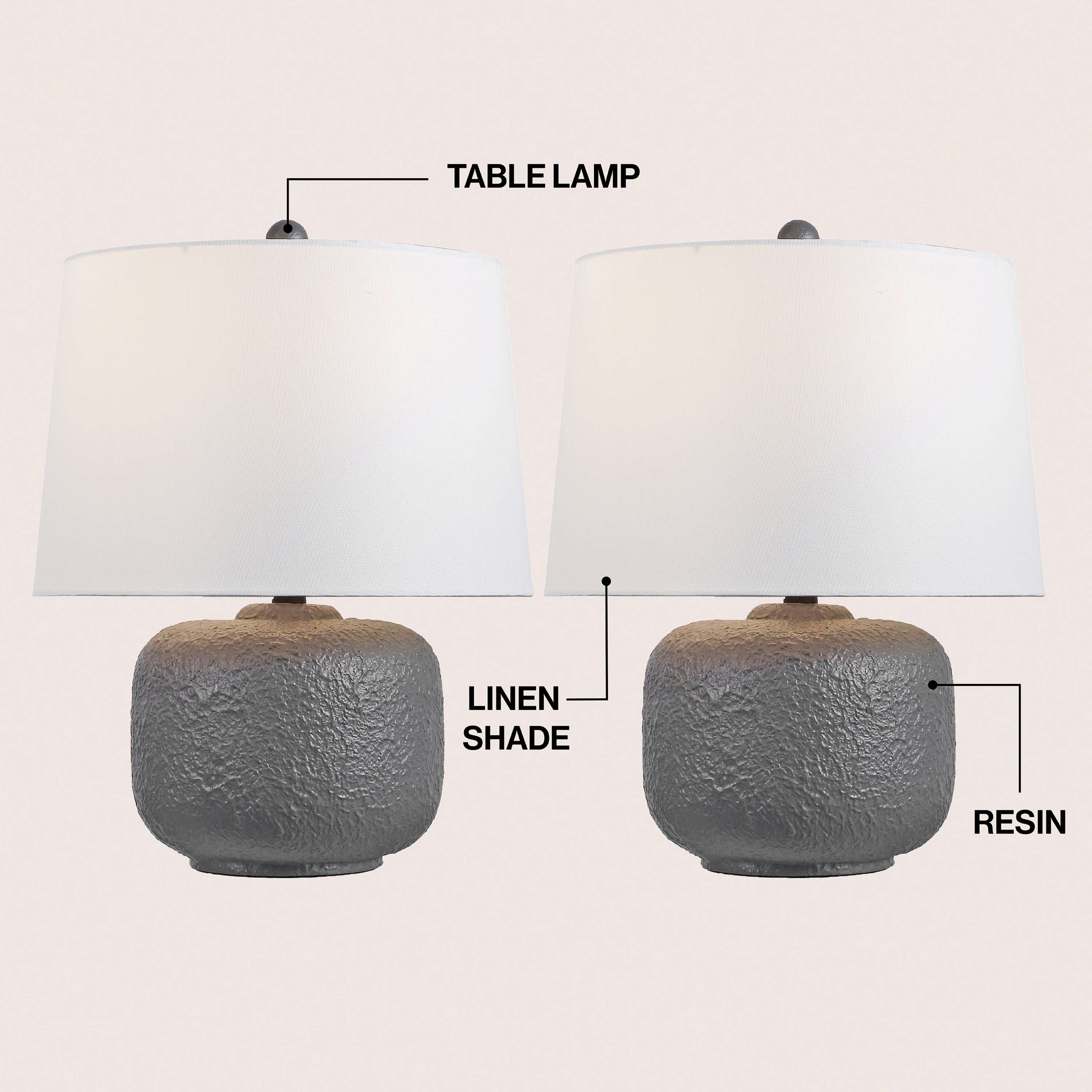 Qualm 20" Coastal Farmhouse Textured Resin/Metal Rounded Barrel LED Table Lamp (Set of 2)