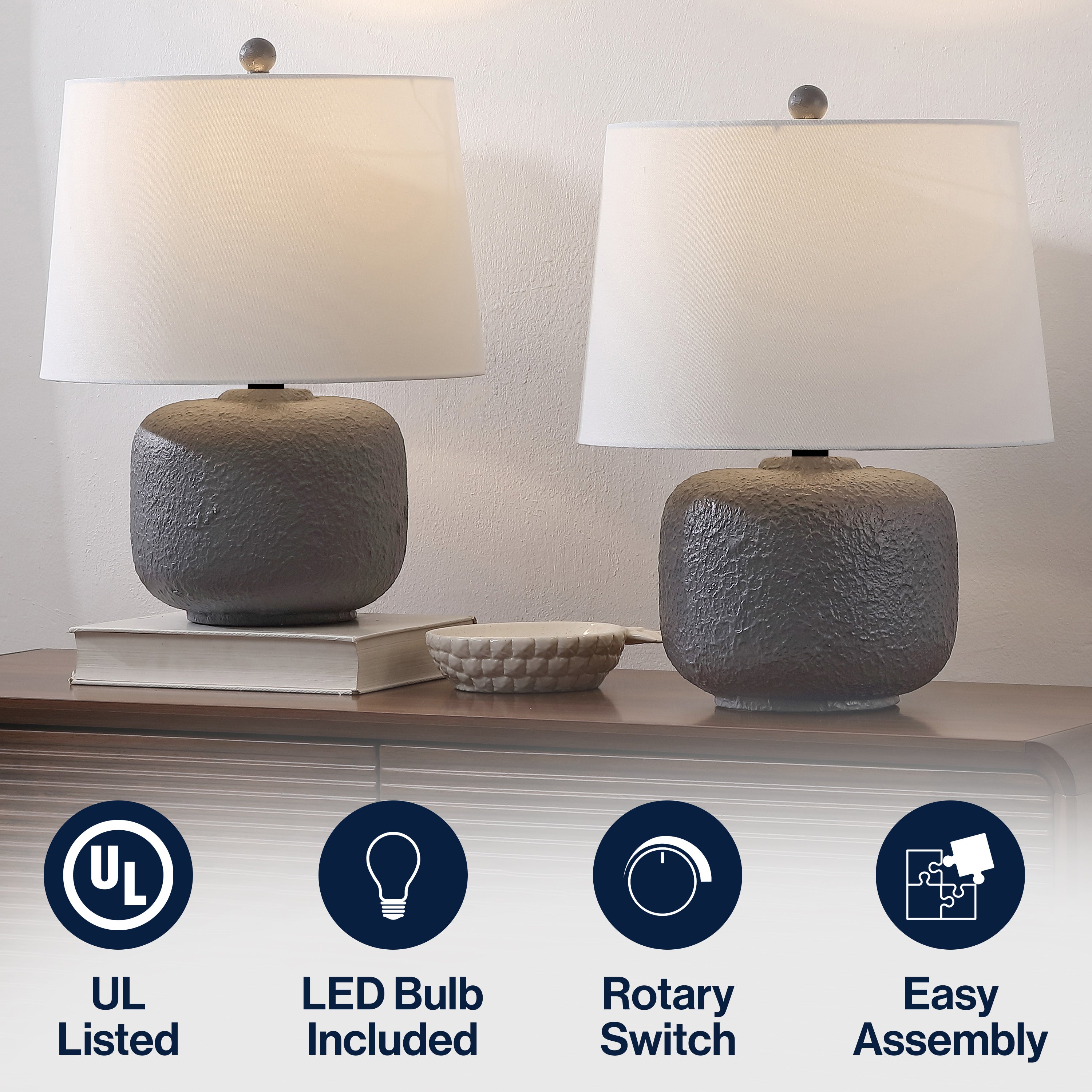 Qualm 20" Coastal Farmhouse Textured Resin/Metal Rounded Barrel LED Table Lamp (Set of 2)