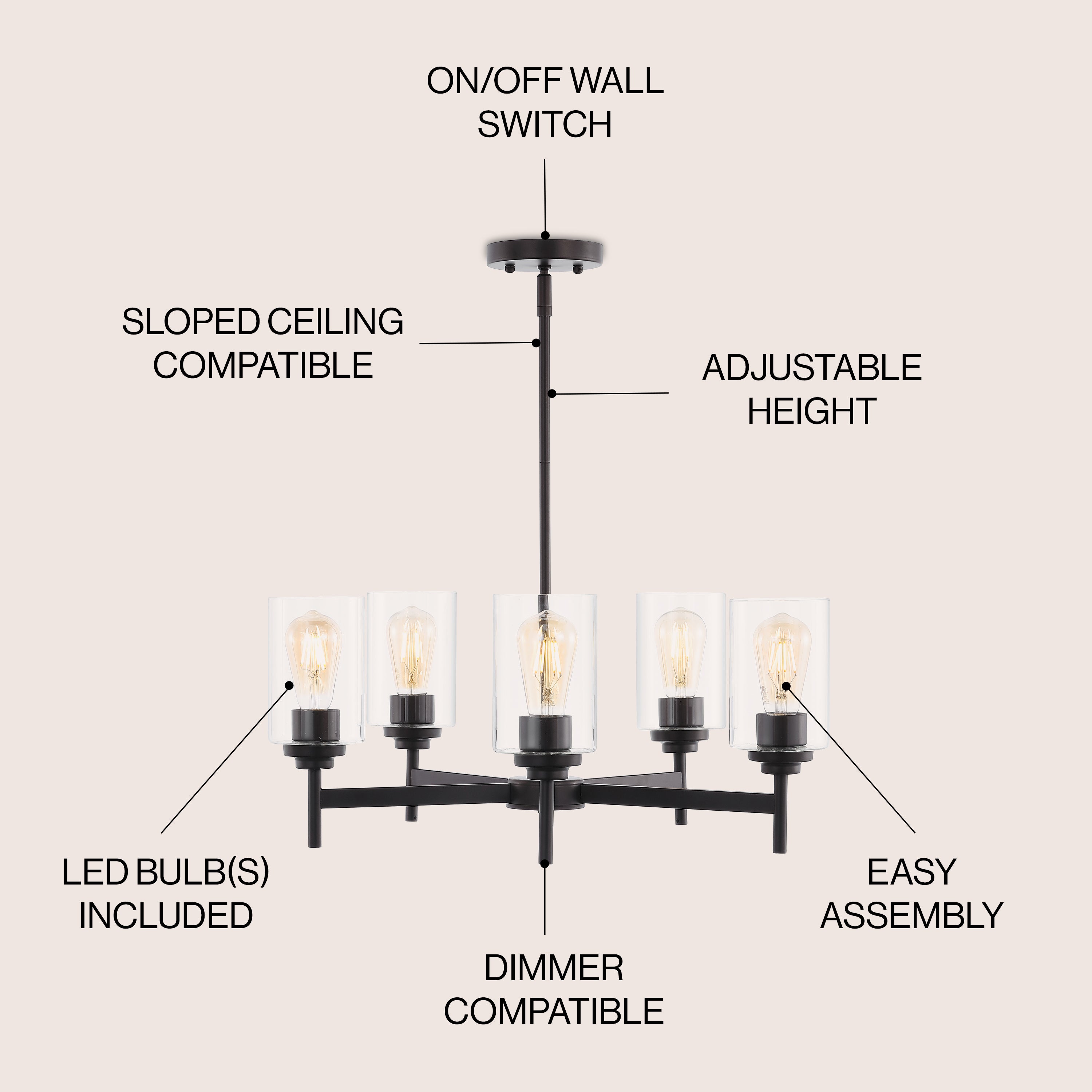 Orpheus 5-Light Farmhouse Industrial Iron Cylinder LED Chandelier