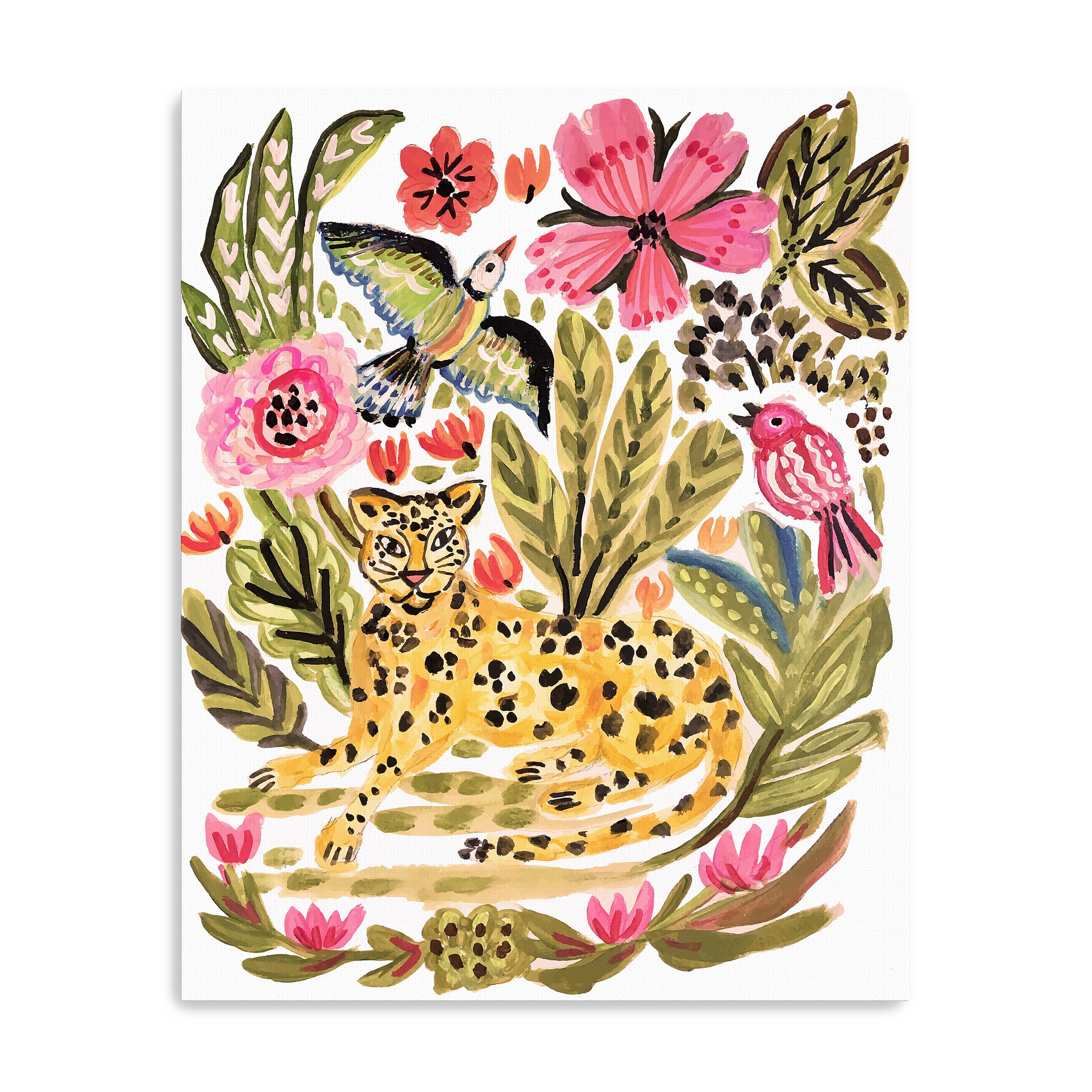 Jungle Cat With Two Birds Canvas Giclee