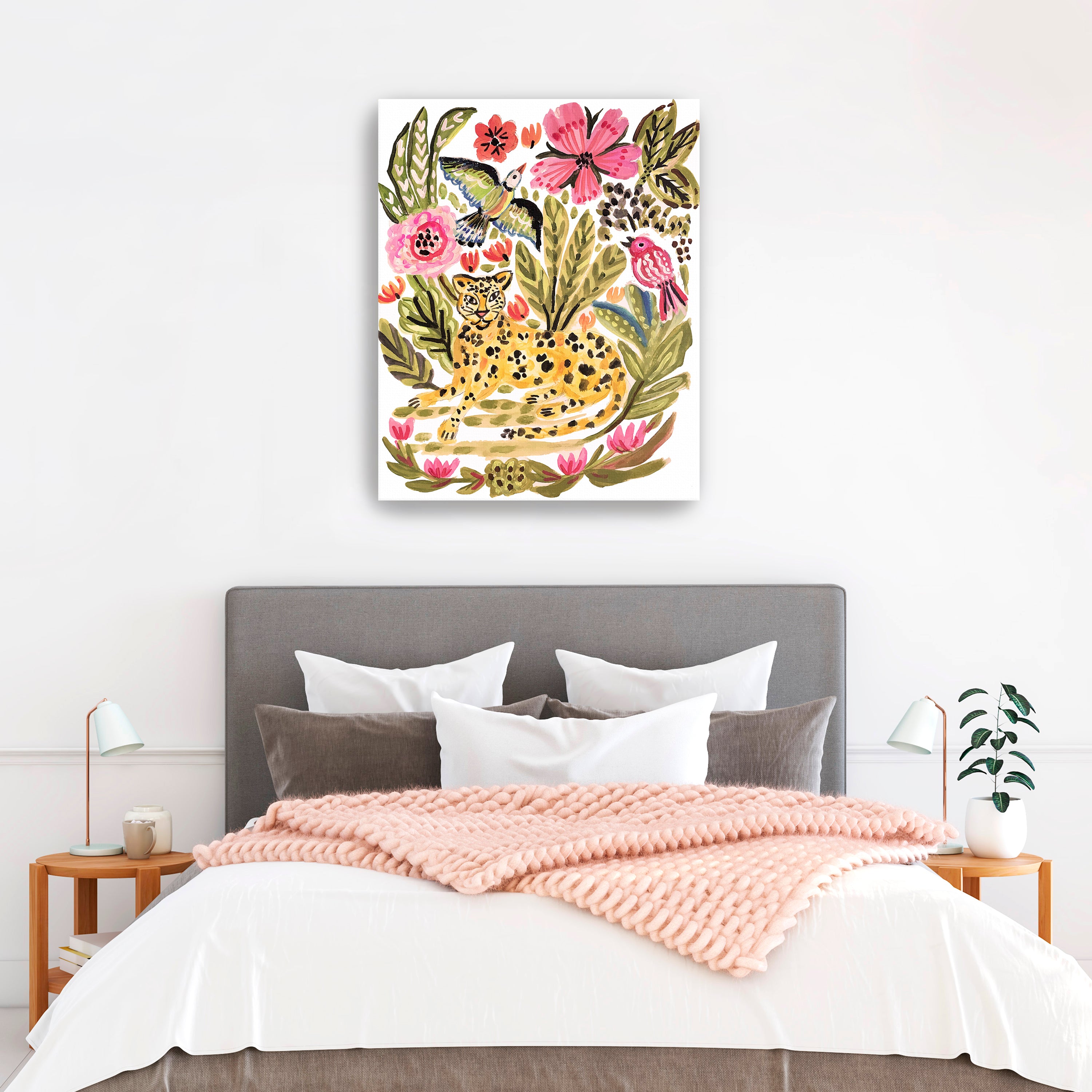 Jungle Cat With Two Birds Canvas Giclee