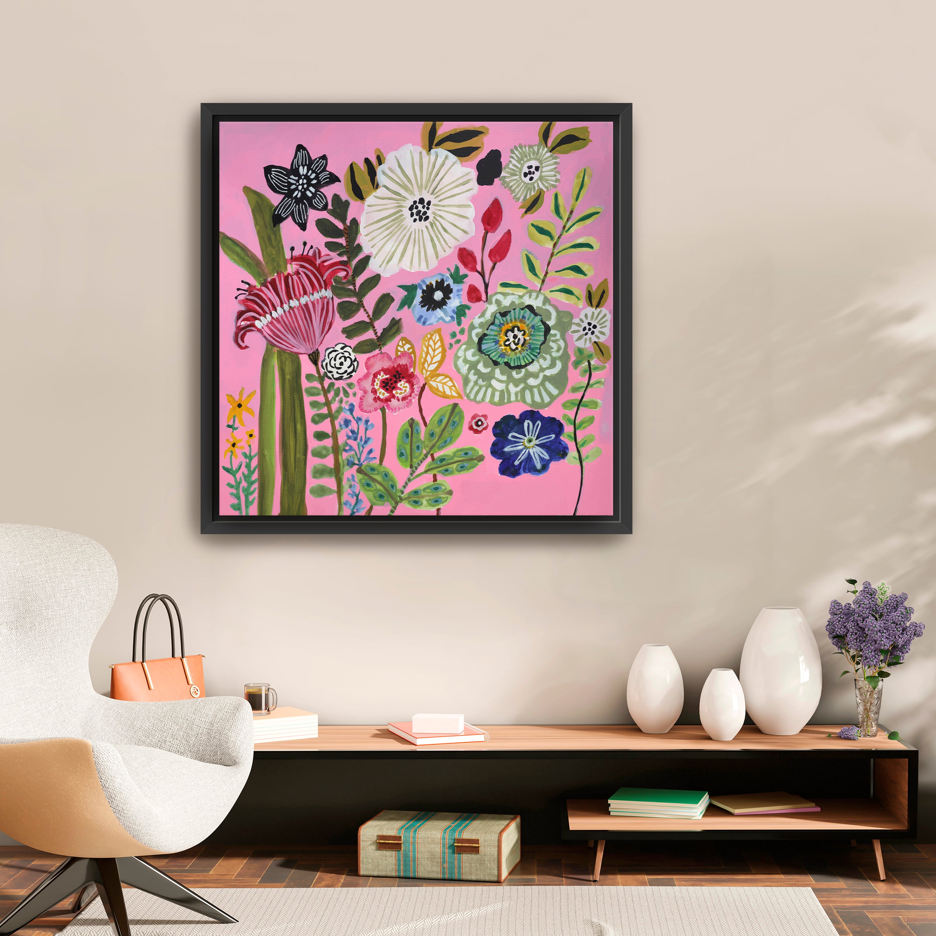Pink Square Bold Floral Canvas Giclee