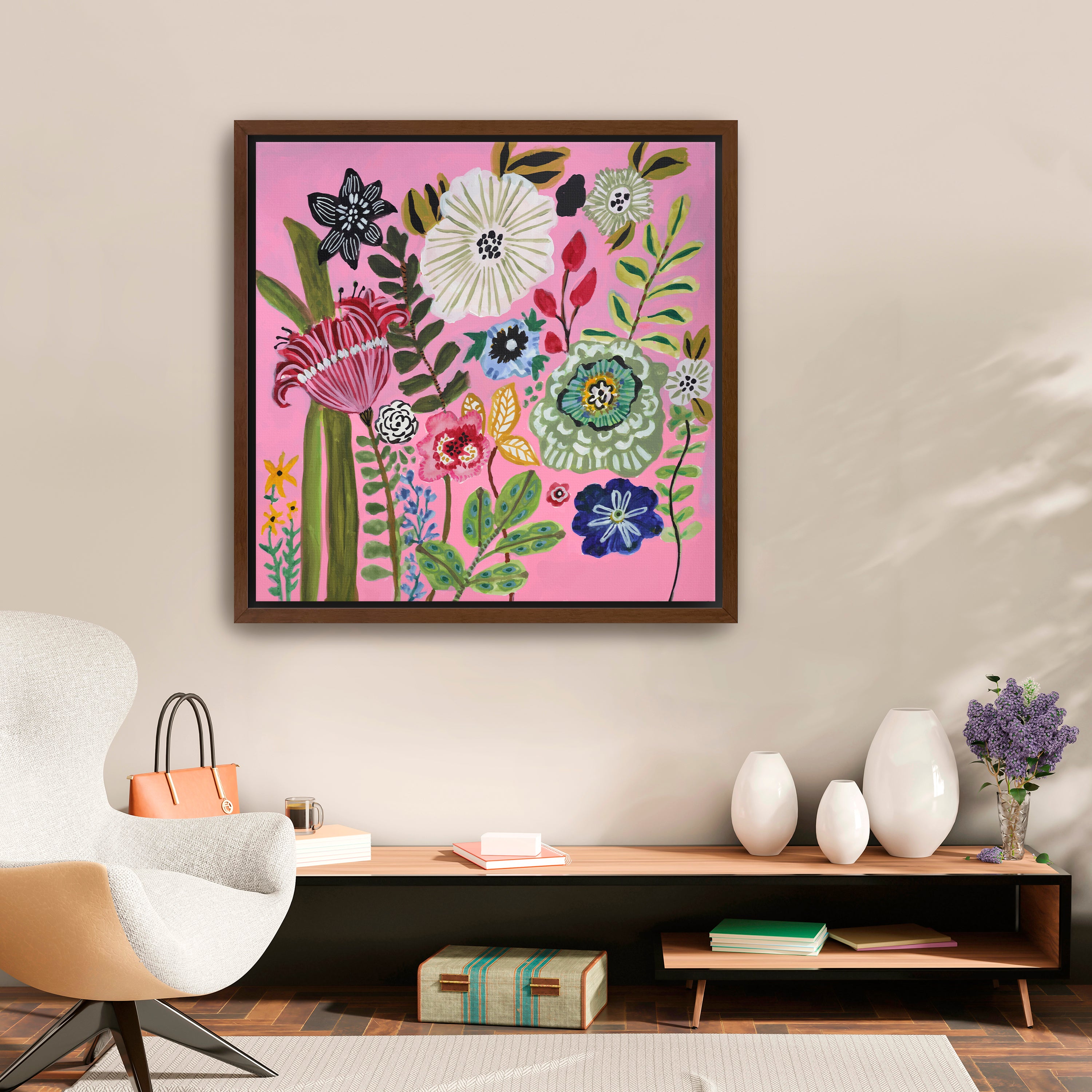 Pink Square Bold Floral Canvas Giclee