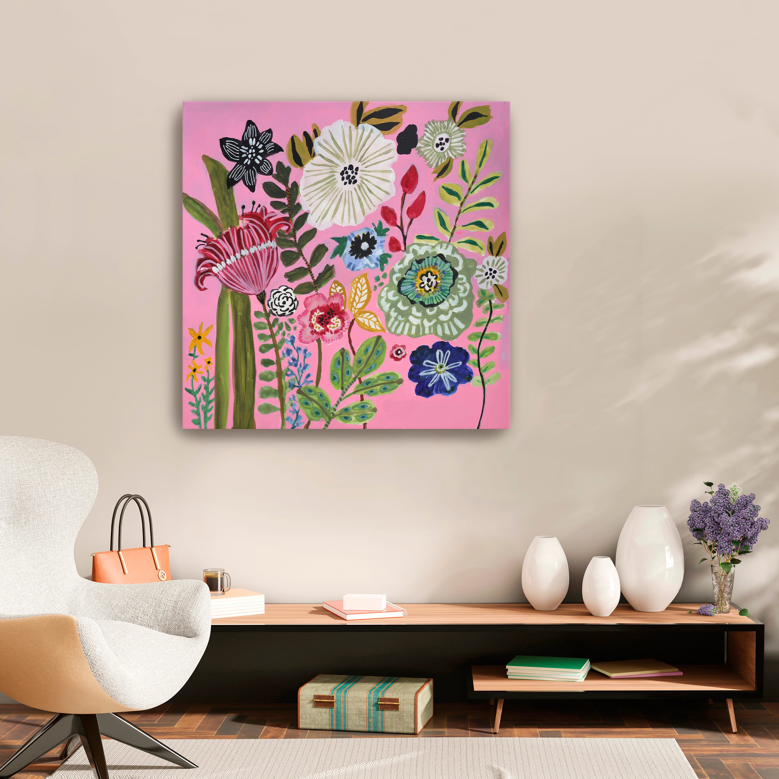 Pink Square Bold Floral Canvas Giclee