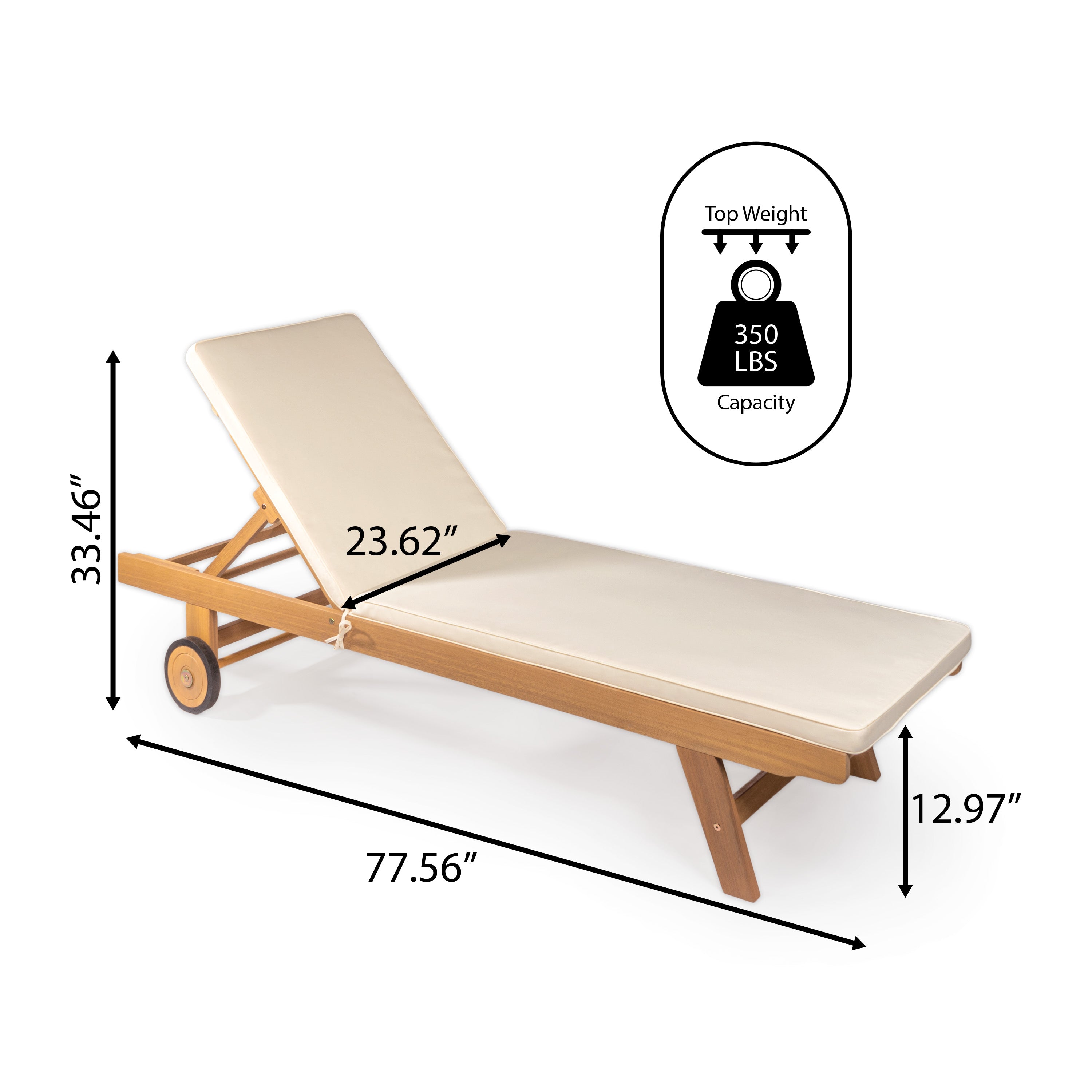 Mallorca Modern Classic Adjustable Acacia Wood Chaise Outdoor Lounge Chair with Cushion & Wheels